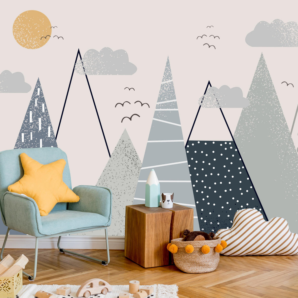 FOTOTAPETE für Kinder Berge im skandinavischen Stil 300x210 - Beige/Schwarz, Papier (300/210cm) - Muralo