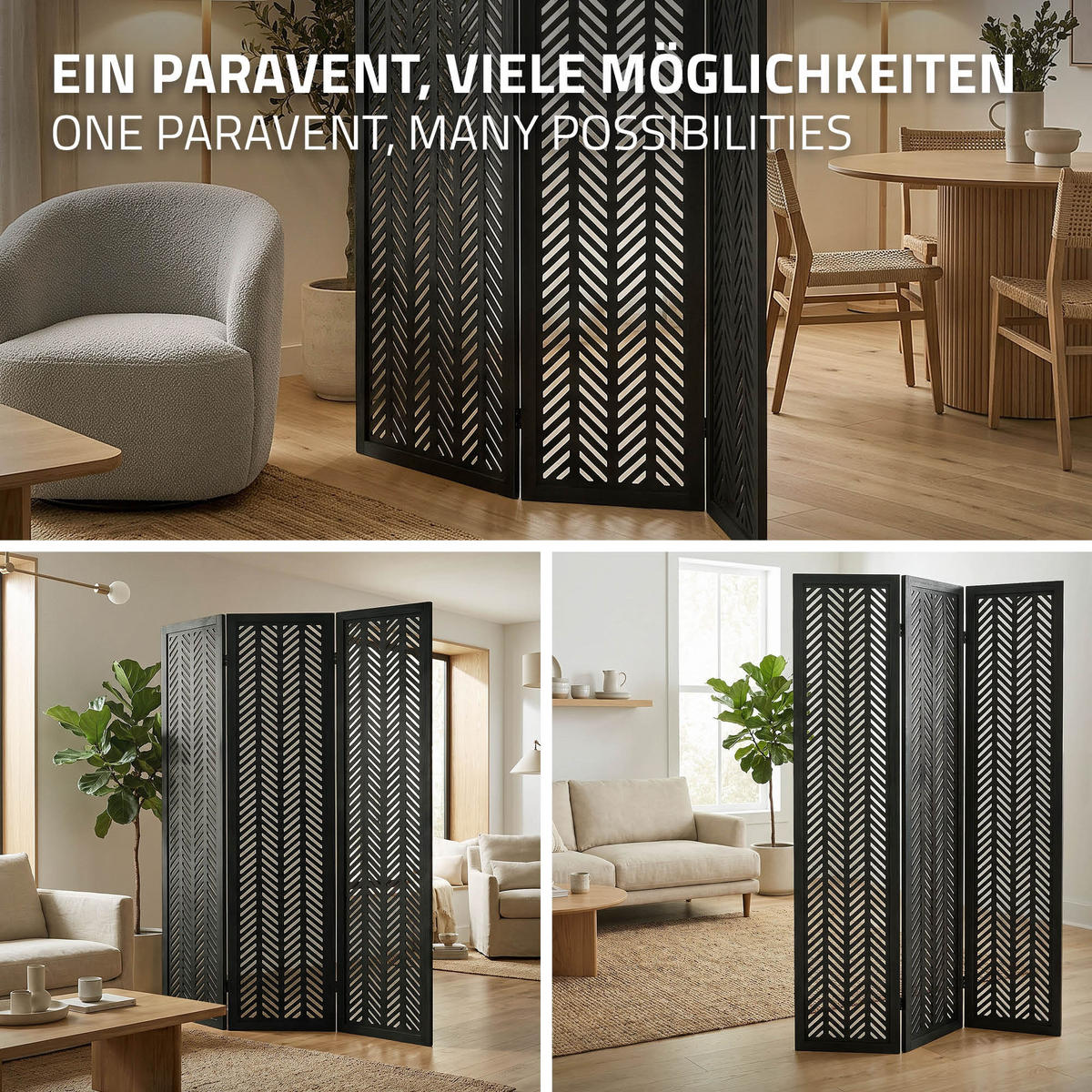 PARAVÁN, 3dílný, Kobe, 170 × 121 cm, černý, ze dřeva - černá, dřevo (121/170/2cm) - ML-DESIGN
