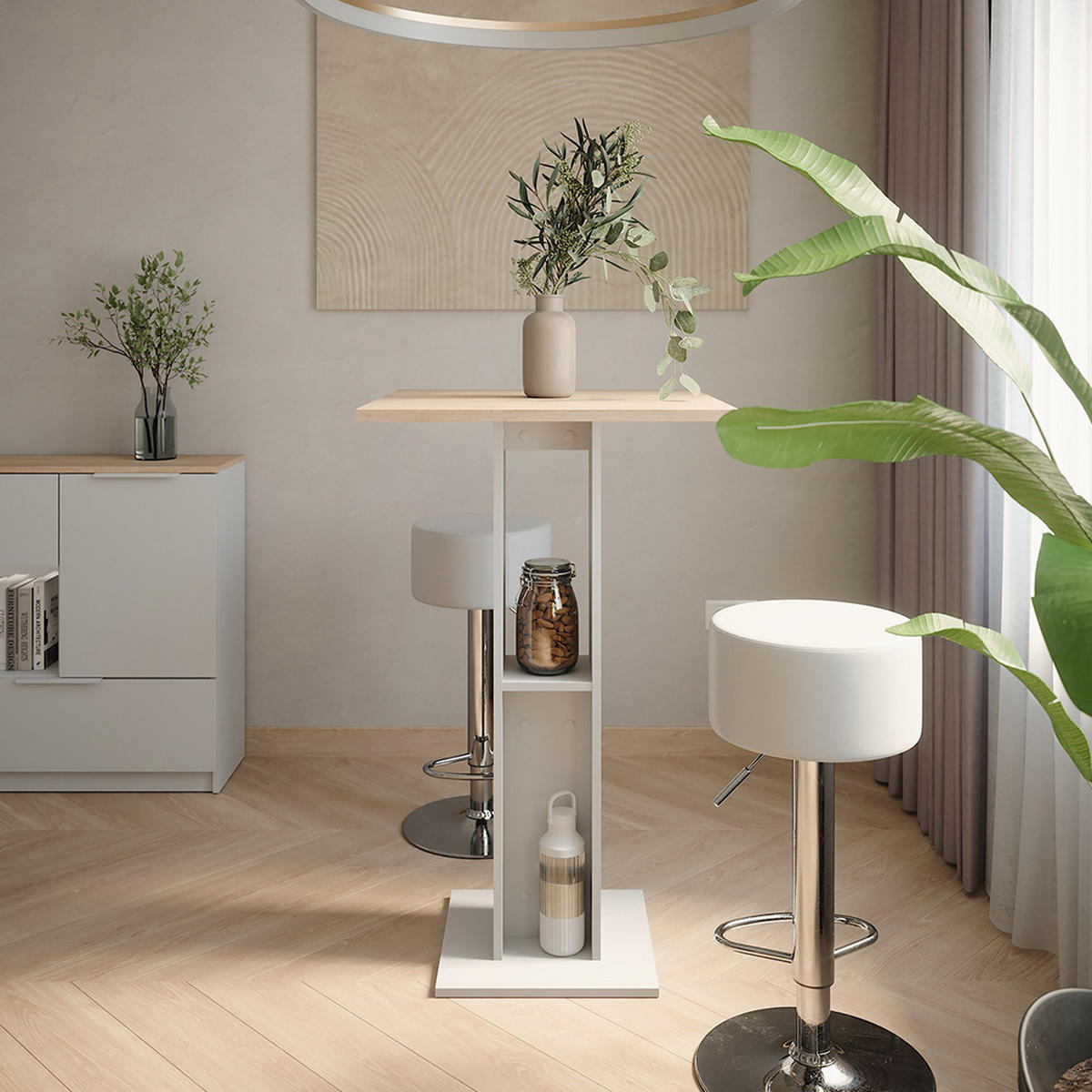 STOJACÍ BAROVÝ STŮL SE ŽIDLEMI Repose Bílá/Sonoma - bílá, kompozitní dřevo (65/65/106cm) - Vicco