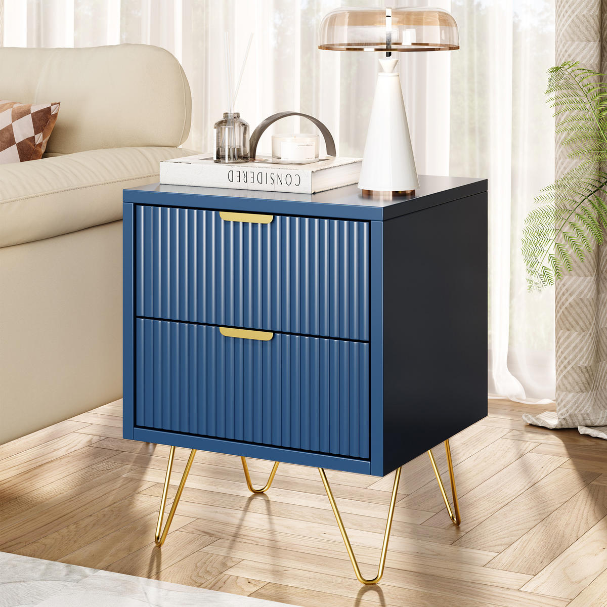 NACHTTISCH 40x35x50 cm, 2 Schubladen, modernes Design, Blau - Blau, Holz (40/50/35cm)