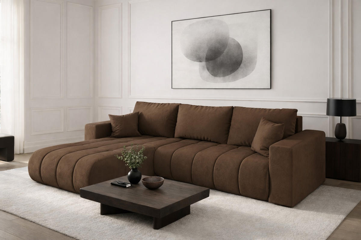 ECKSOFA mit schlaffunktion und bettkasten MILO PREMIUM, stoff MONOLITH, Hellbraun, Links - Hellbraun, Holz (280/190cm) - Kaiser Möbel