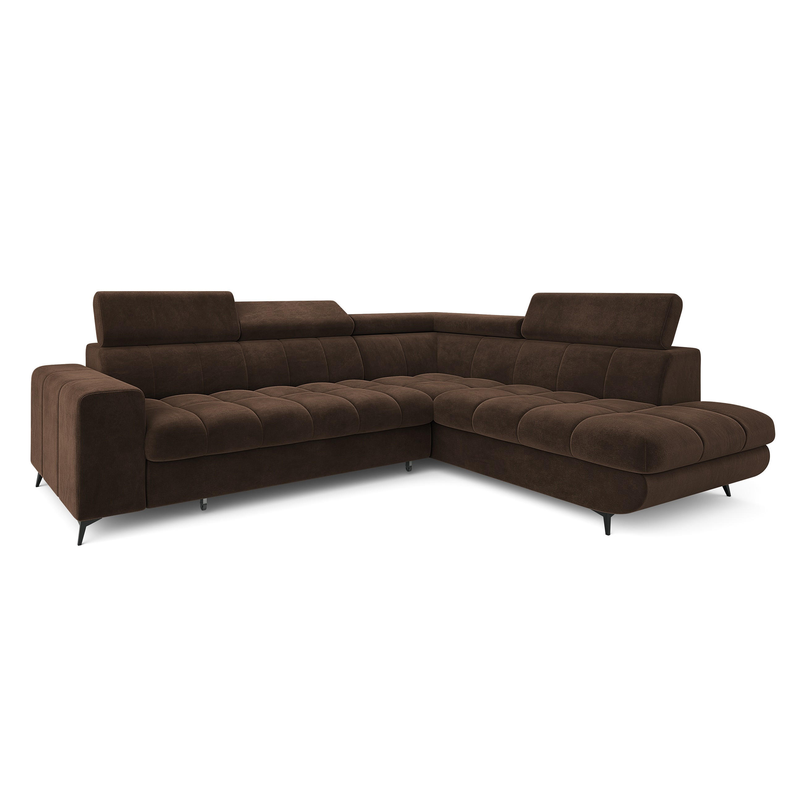 ECKSOFA MORIVA R-S Braun Velours-Stoff mit Schlaffunktion - Braun, Holz (253/190cm) - MASSENO