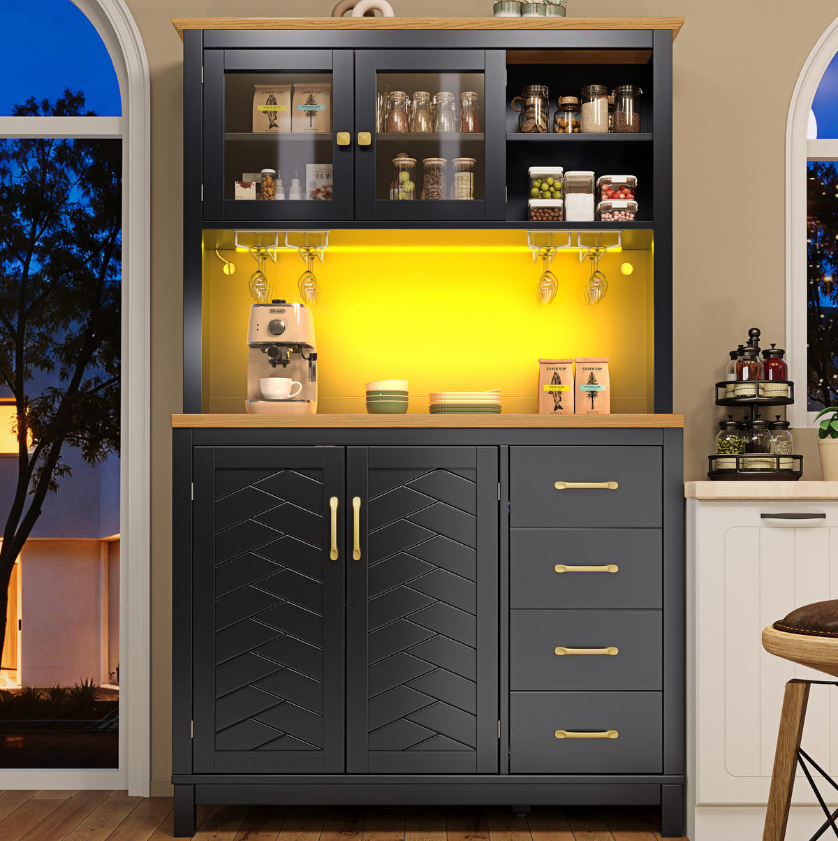 BUFFETSCHRANK 105,5/40/180 cm schwarz aus MDF mit LED-Lichtleiste - Schwarz, Holzwerkstoff (105.5/180/40cm) - OKWISH