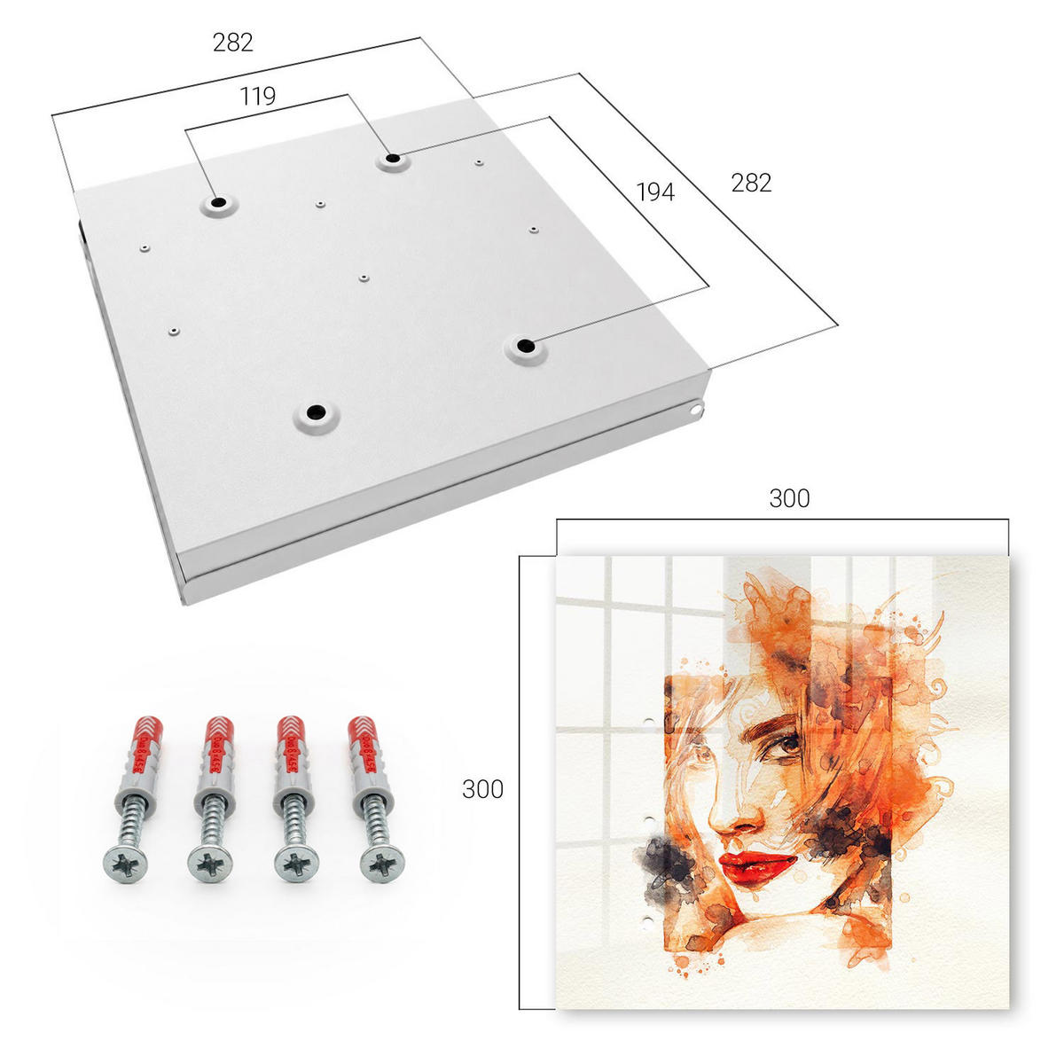 SCHLÜSSELBOX Weiß 30x30 cm – Türöffnung nach rechts - Feminine Aquarellmalerei - Orange, Metall (30/30/5cm) - TULUP