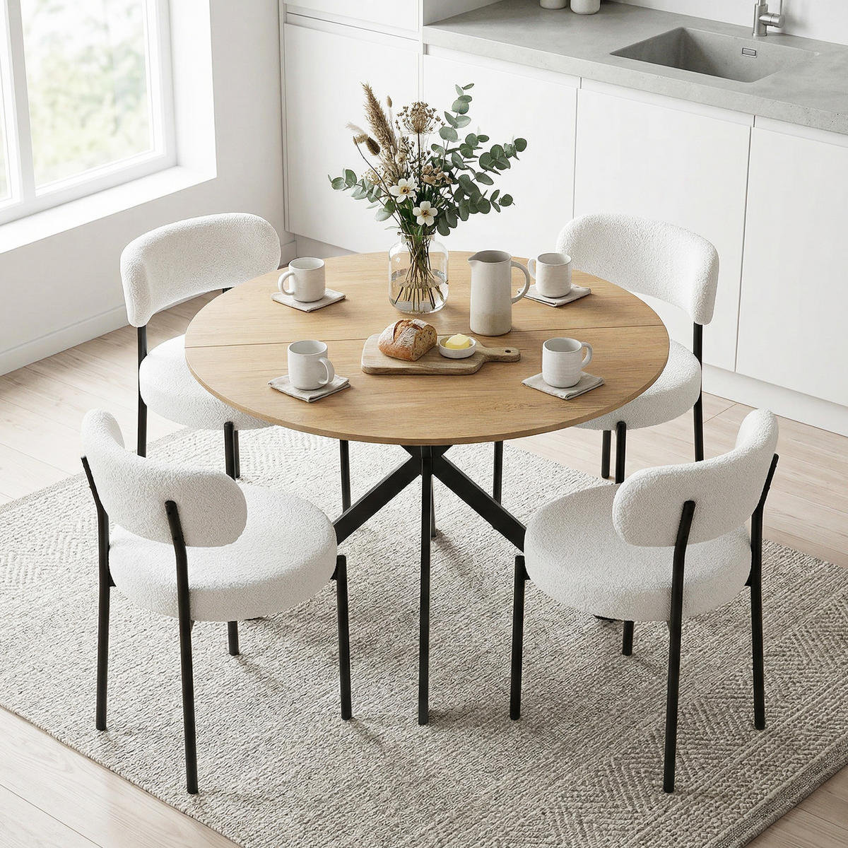 ESSGRUPPE 5er Set Spanplatte Polyester Cremeweiß Eiche - Eichefarben/Creme, Textil/Metall (120/75/120cm) - HOMCOM