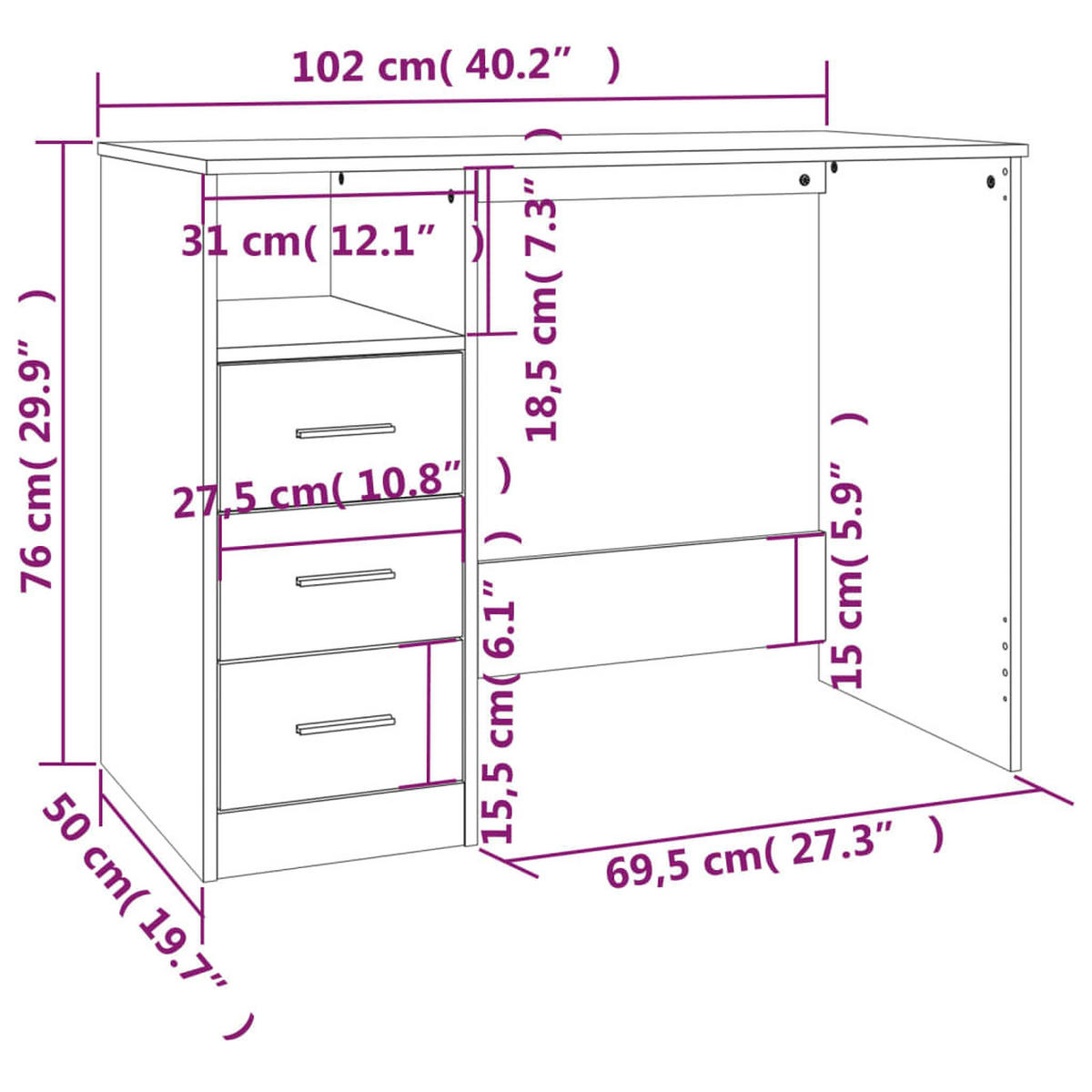 SCHREIBTISCH mit 3 Schubladen 102/50/76 cm aus Holzwerkstoff Sonoma-Eiche Dekor - Sonoma Eiche, Holz (50/102/76cm) - vidaXL