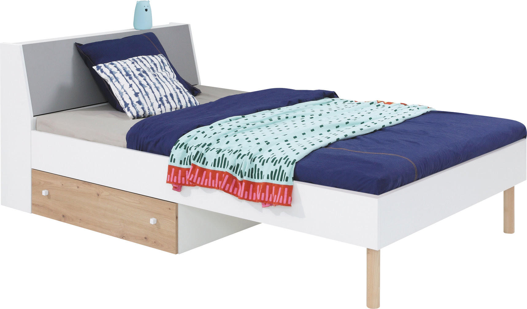 JUGENDBETT Farin in Weiß, Eiche Artisan und Grau 120×200 cm - Weiß, Holzwerkstoff