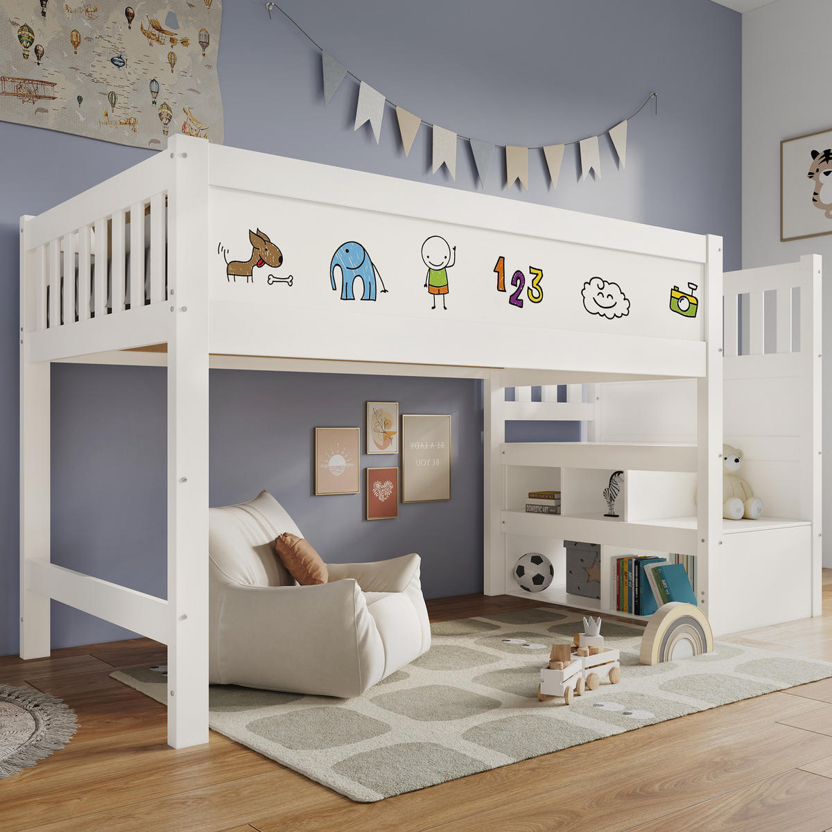 HOCHBETT 90/200 cm Weiß mit Whiteboard und Rausfallschutz - Weiß, Holzwerkstoff (90/200cm) - OKWISH