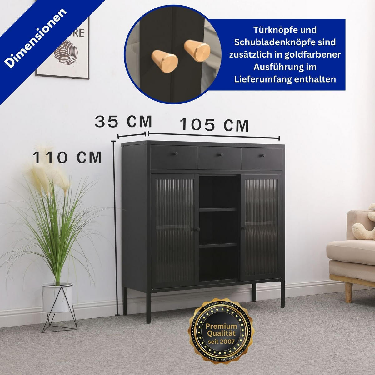 KOMMODE PARIS Metall Schwarz mit 3 Schubladen 105/35/110 cm - Schwarz, Metall (35/110/105cm) - Mein-Regal