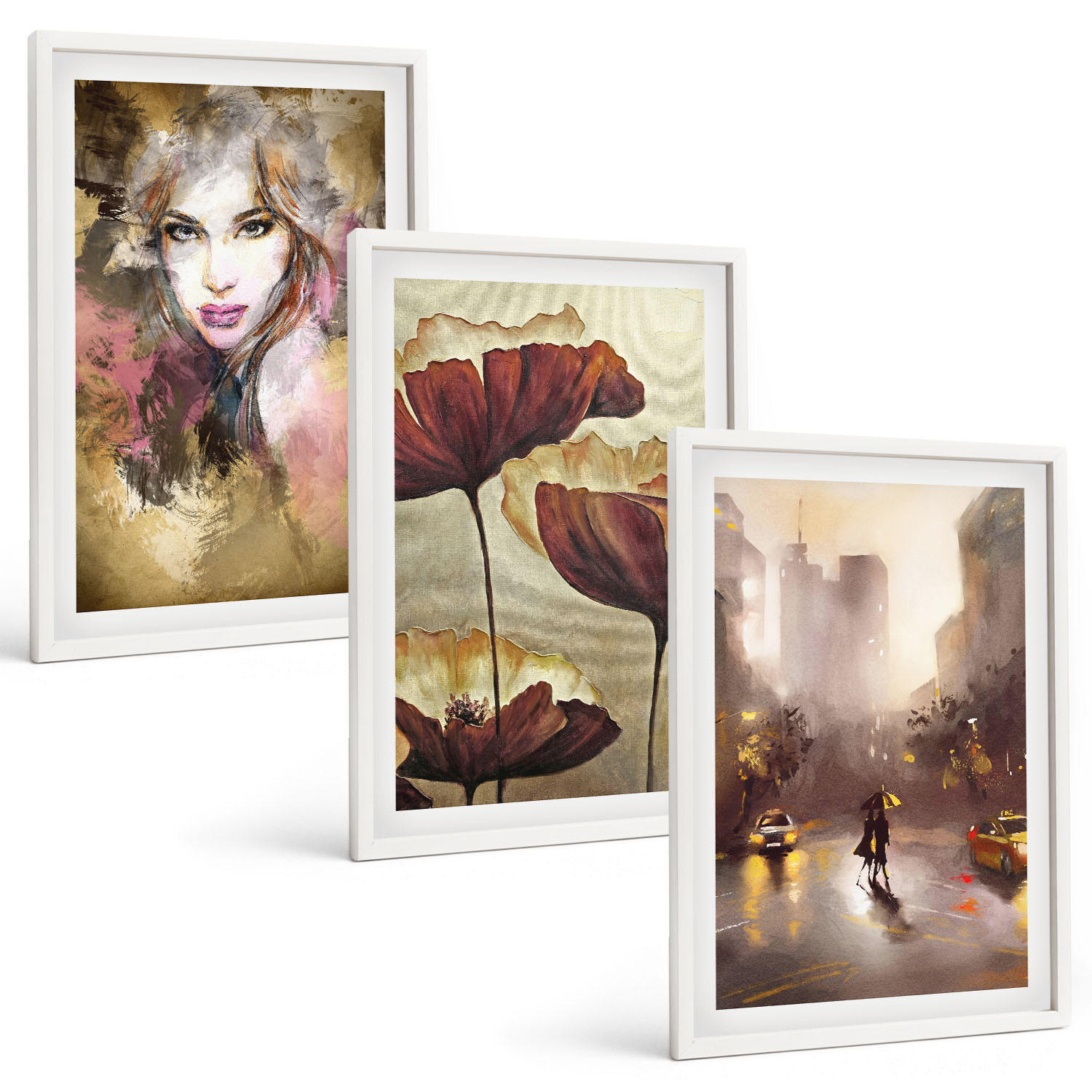 BILDER SET 3er Set - 40x60 cm Weißer Rahmen - Abstraktes Porträt einer Frau mit Blumen und Regen - Weiß, Kunststoff (40/60cm) - TULUP
