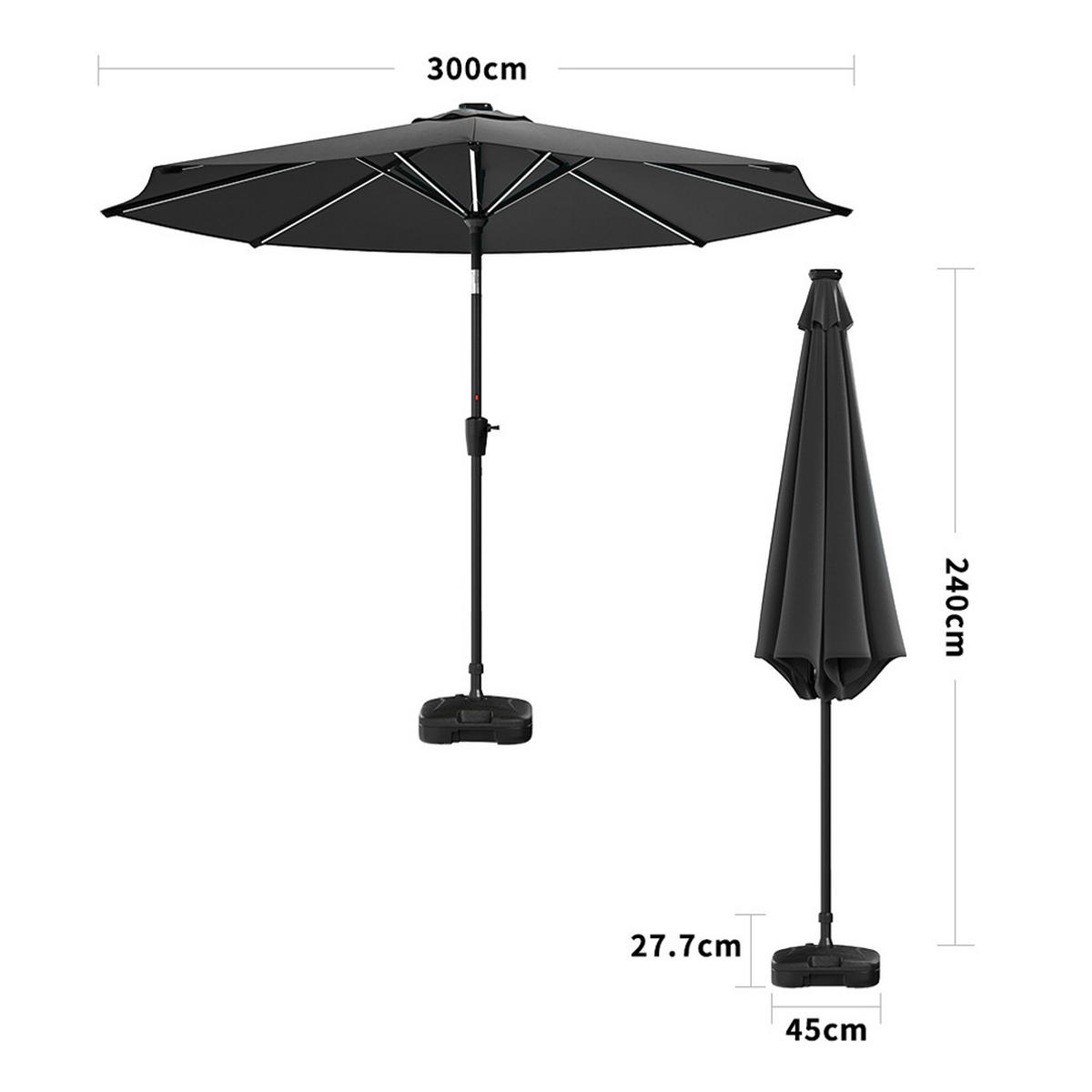 SONNENSCHIRM aus Polyester Metall in Grau mit befüllbarer Kunststoff-Sockel drehbar 360° neigbar 60° 3 x 2.4m Ø44,5 × 28 cm - Grau, Metall (300/240cm) - Livingandhome