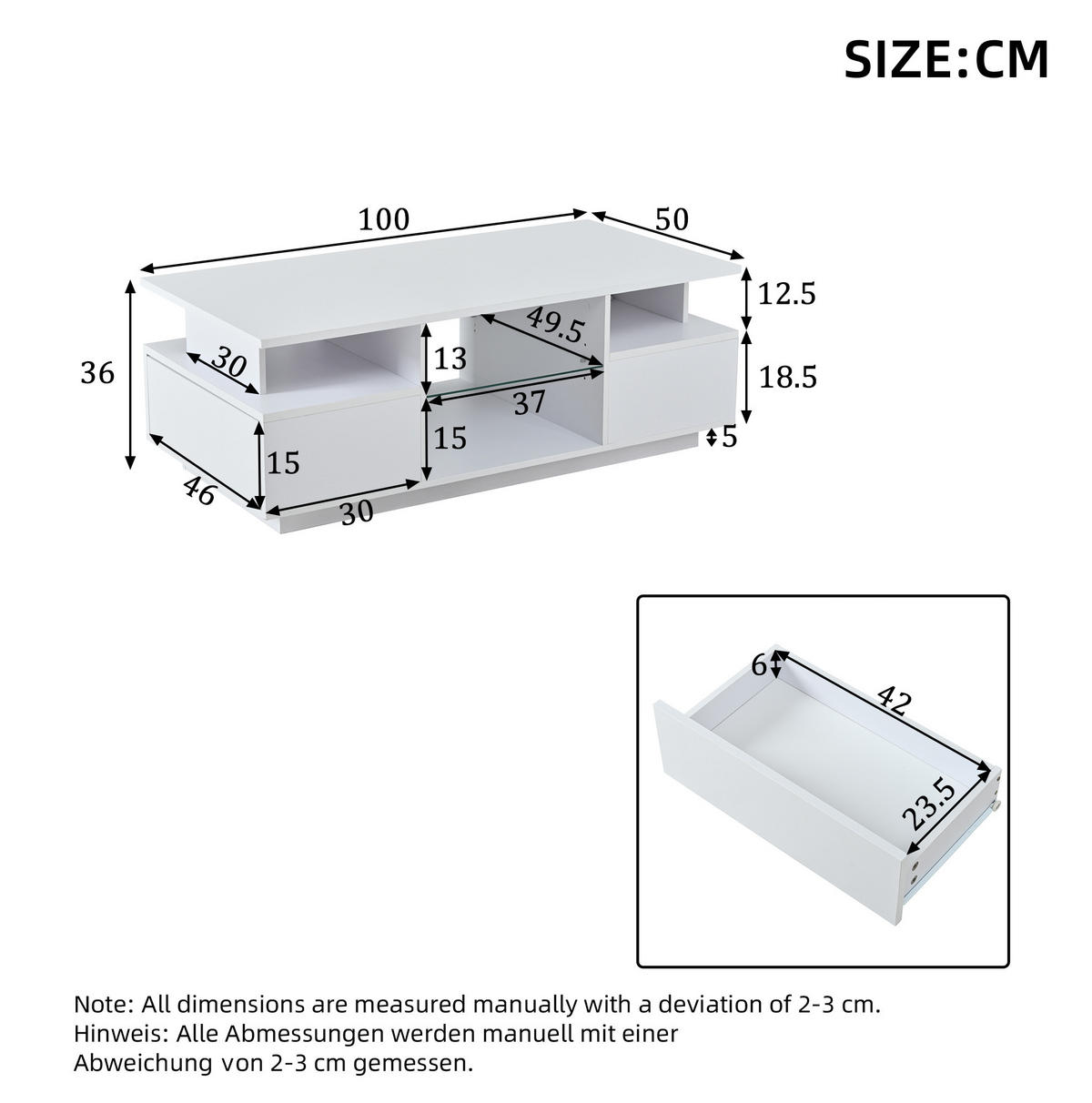 COUCHTISCH aus Spanplatte 100x50x36 cm Weiß mit LED-Beleuchtung, 2 Schubladen und Glasablagen - Weiß, Holzwerkstoff (100/50/36cm) - IVMEU