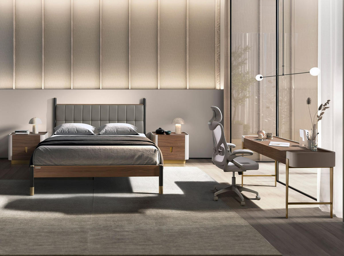BETT Rechteckig Dunkelgrau Walnuss 160/215/112 cm - Grau, Leder/Holz (160/200cm) - ANGEL CERDA