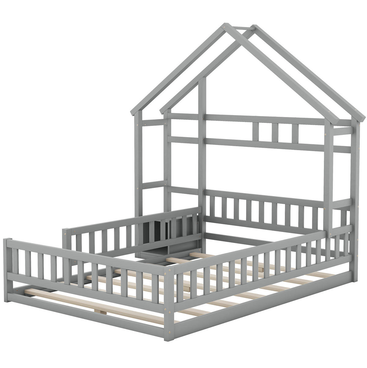HAUSBETT 140/200 cm Grau aus Kiefernholz und MDF mit Geländer und Nachttisch - Grau, Holz (140/200cm) - OKMYHOME