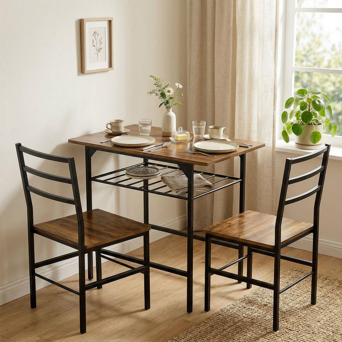 ESSGRUPPE mit Tisch und 2 Stühlen, Küchentisch mit Stühlen für 2 Personen, Metallgestell, braun - Naturfarben, Metall (80/78.8/50cm)