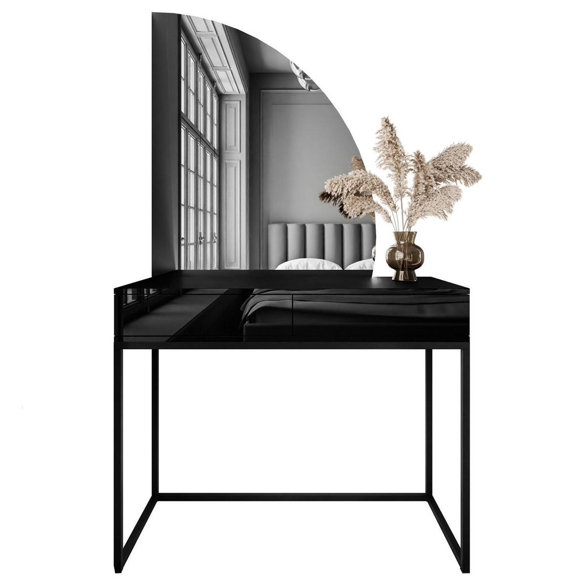 SCHMINKTISCH schwarz QUINNIE mit LED-Spiegel rechts PUSH OPEN - Schwarz Hochglanz/Schwarz, Holzwerkstoff (100/176/42cm) - Lookway