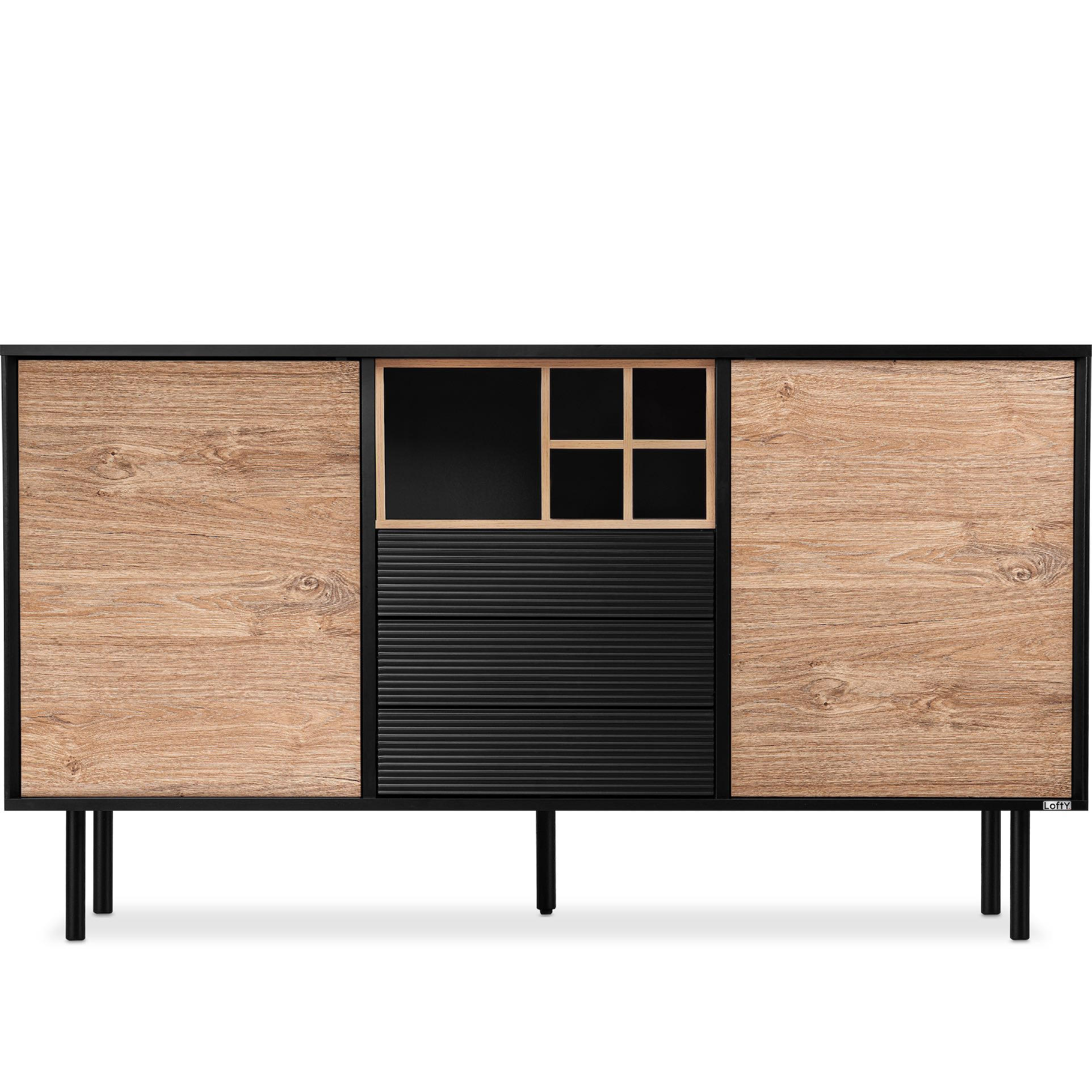 KOMMODE LOFTY Weineinlage, schwarz / Eiche natur - Eichefarben/Multicolor, Holzwerkstoff (151/84/41cm) - KONSIMO®