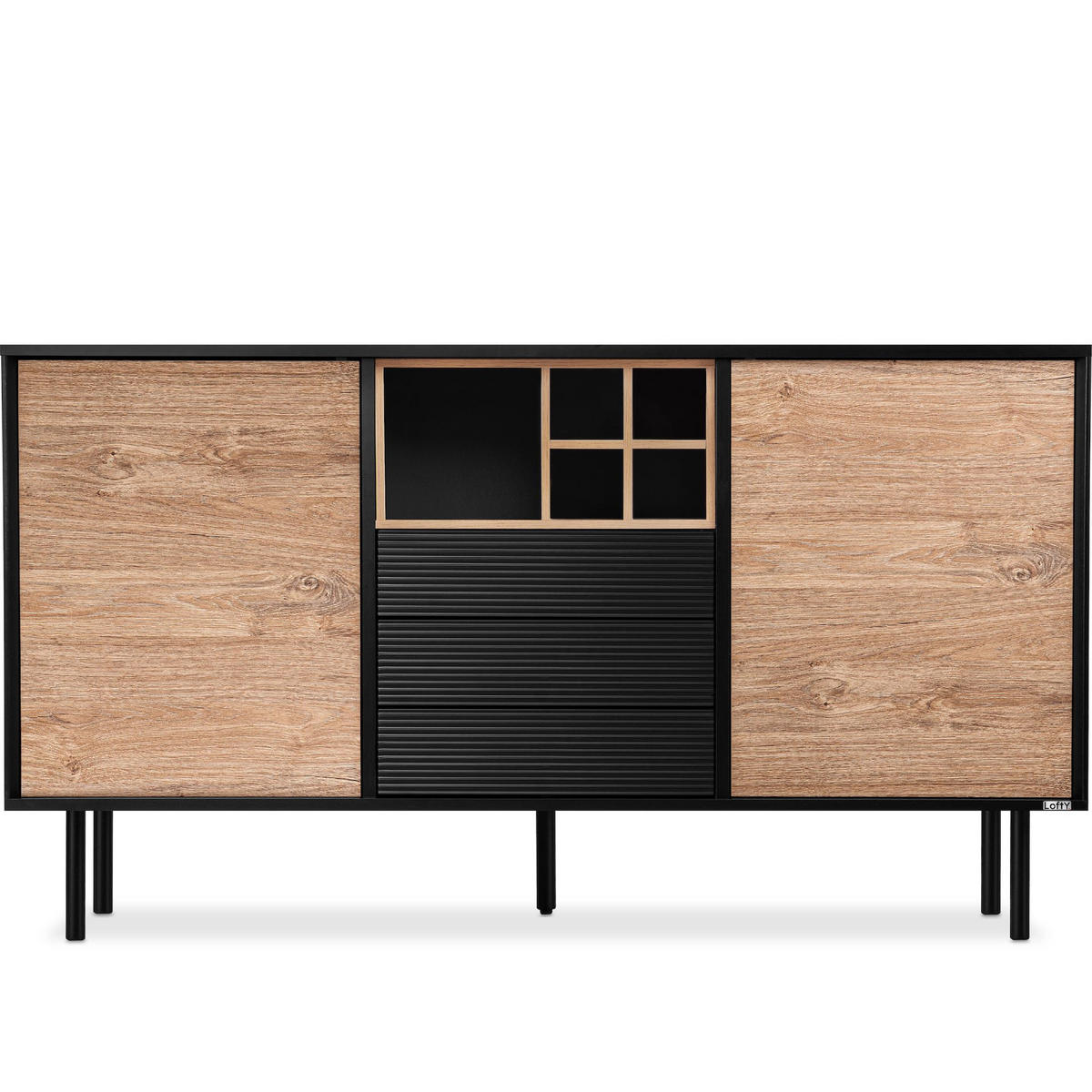 KOMMODE LOFTY Weineinlage, schwarz / Eiche natur - Eichefarben/Multicolor, Holzwerkstoff (151/84/41cm) - KONSIMO®