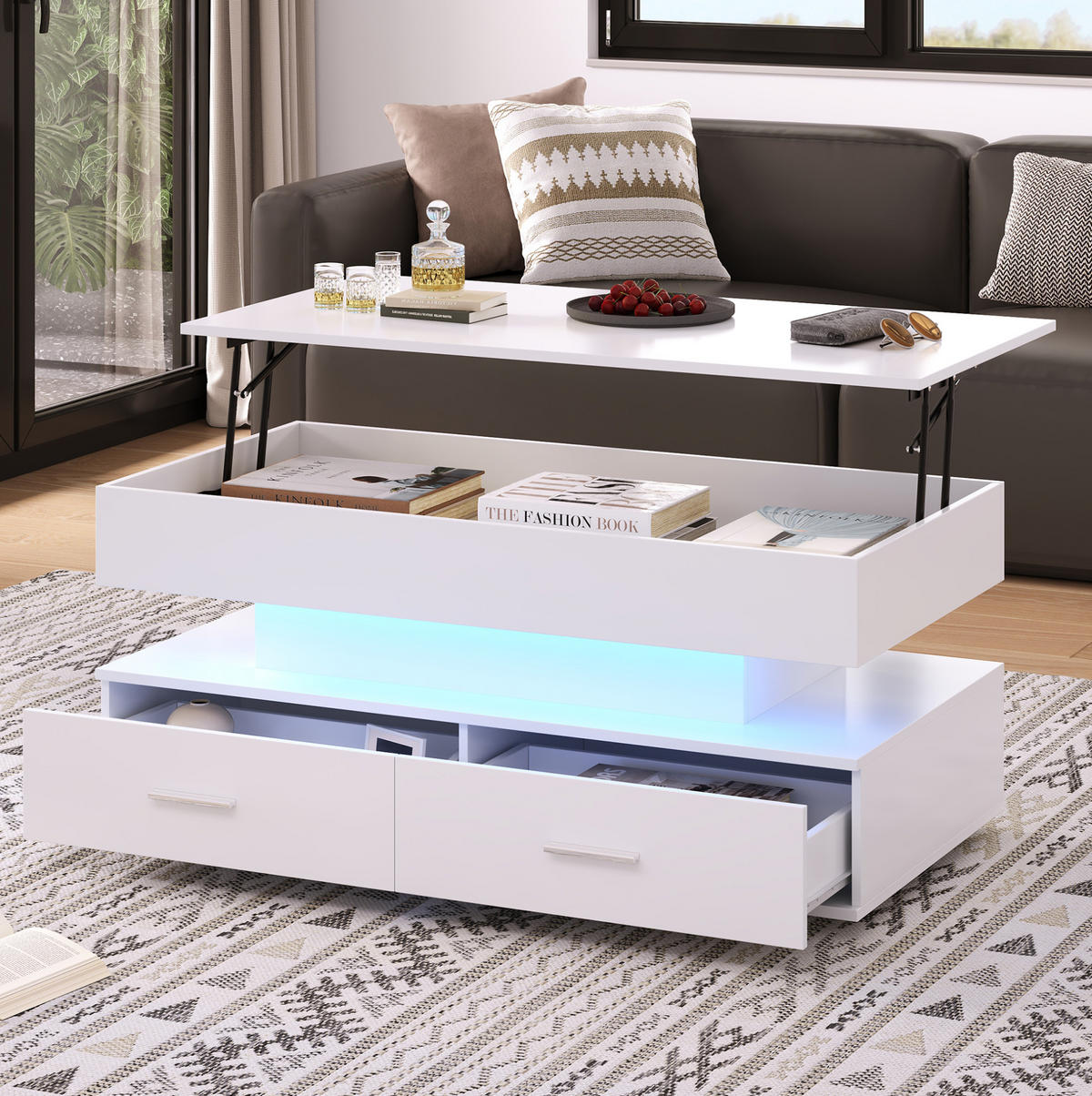 COUCHTISCH aus Spanplatte 100x50x44 cm in Weiß mit LED & Hubfunktion - Weiß, Holzwerkstoff (100/50/44cm) - Modfu