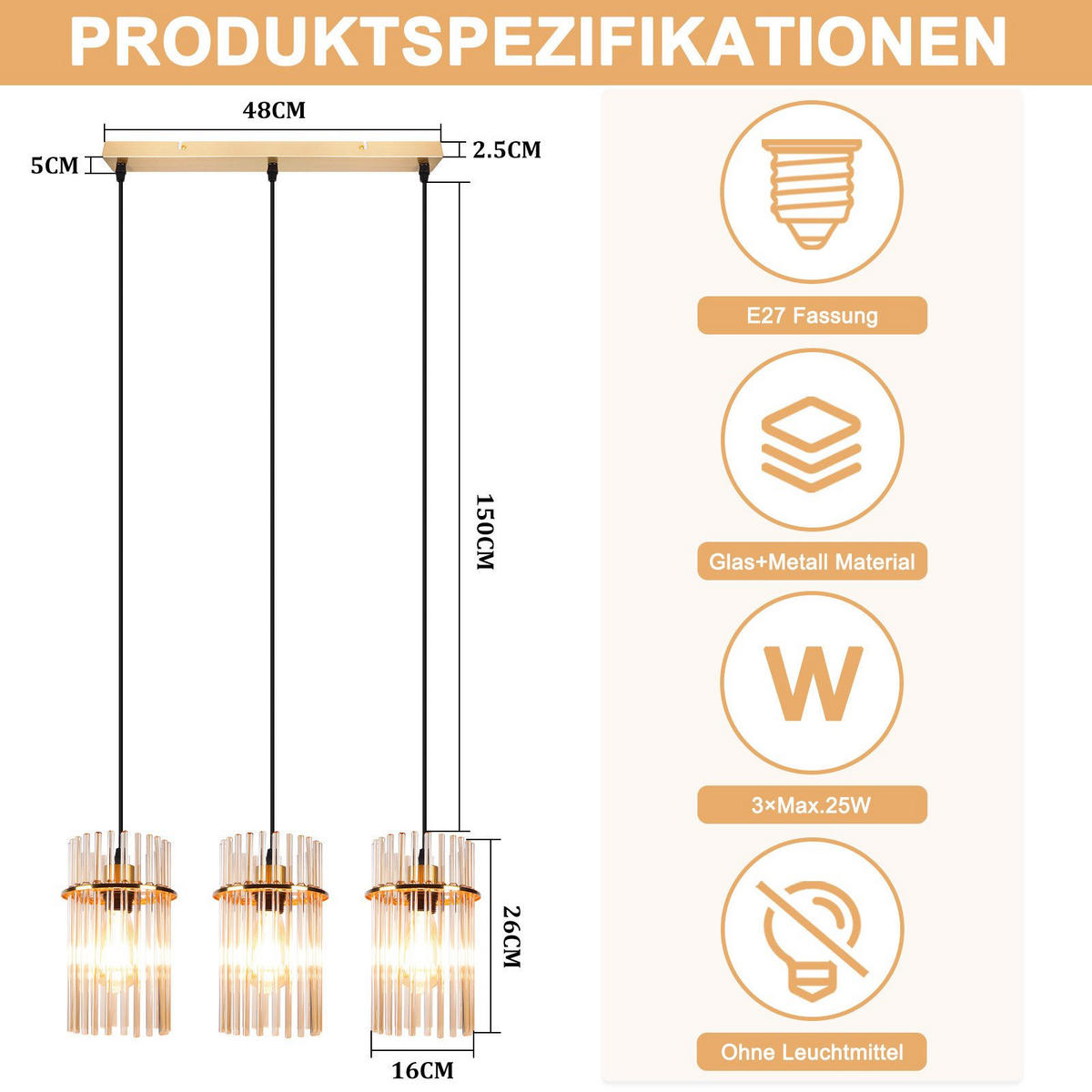 PENDELLEUCHTE BARSINGHAUSEN Ⅲ 48/5/150 cm - Goldfarben, Metall (48/5/150cm) - Nettlife
