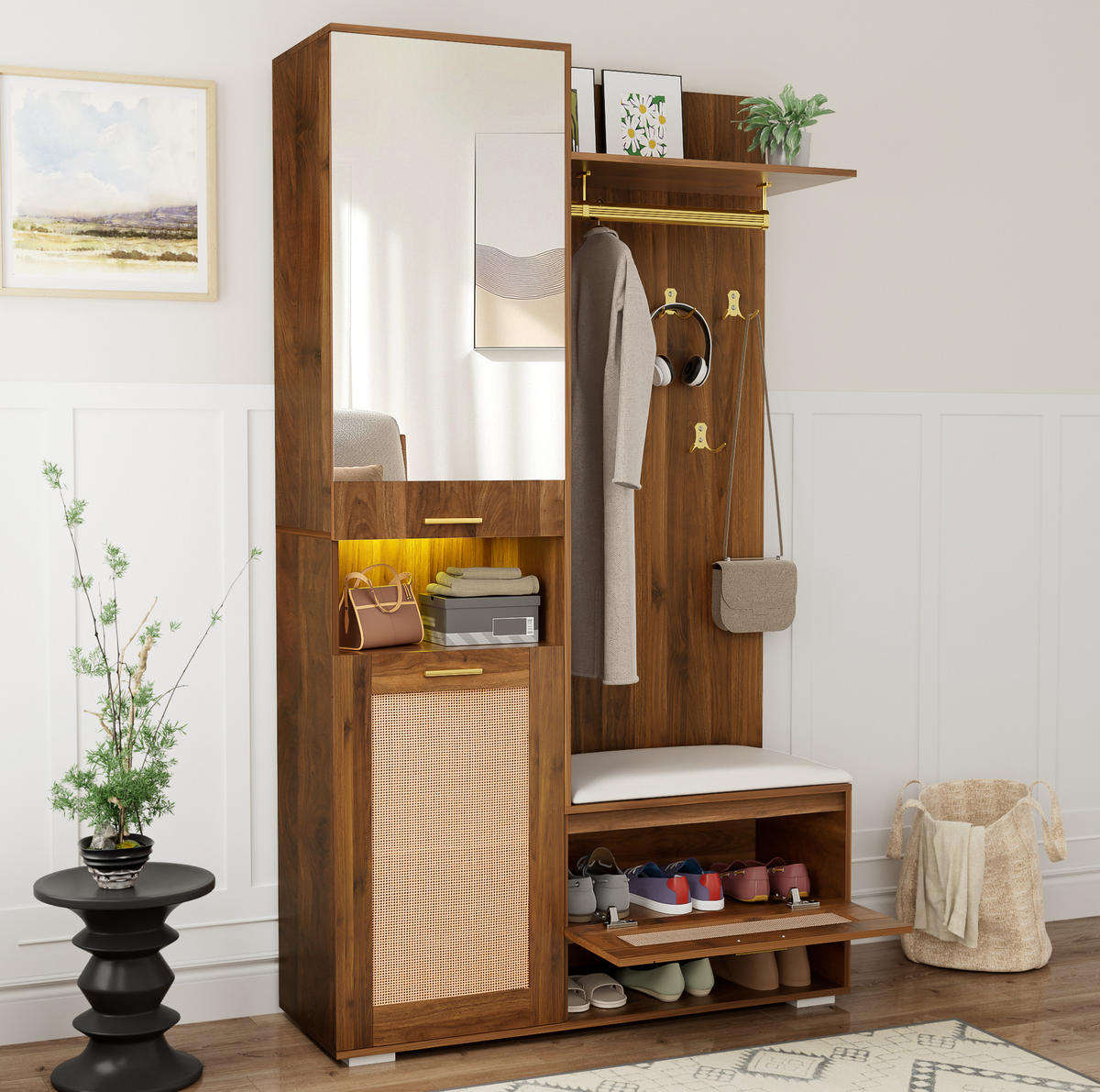 GARDEROBENSET 110/38/190 cm aus MDF und Spanplatte mit Spiegel und LED-Beleuchtung Walnuss/Weiß - Walnussfarben, Holzwerkstoff (38/190/110cm) - Modenvie