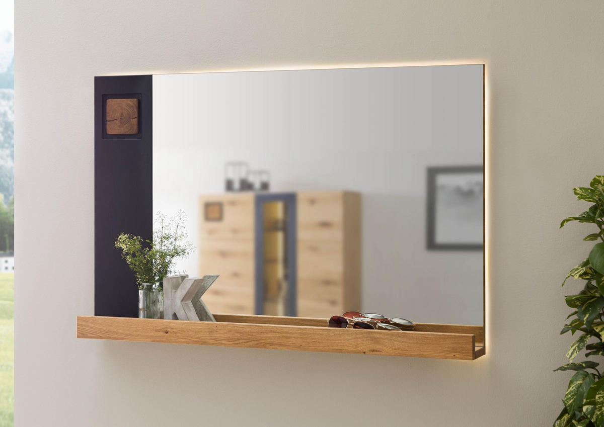 WANDSPIEGEL mit Ablage Wildeiche 110x14x71 natur lackiert / geölt KITZBÜHEL #138 - Braun, Holz (110/71/14cm) - Massivmoebel24