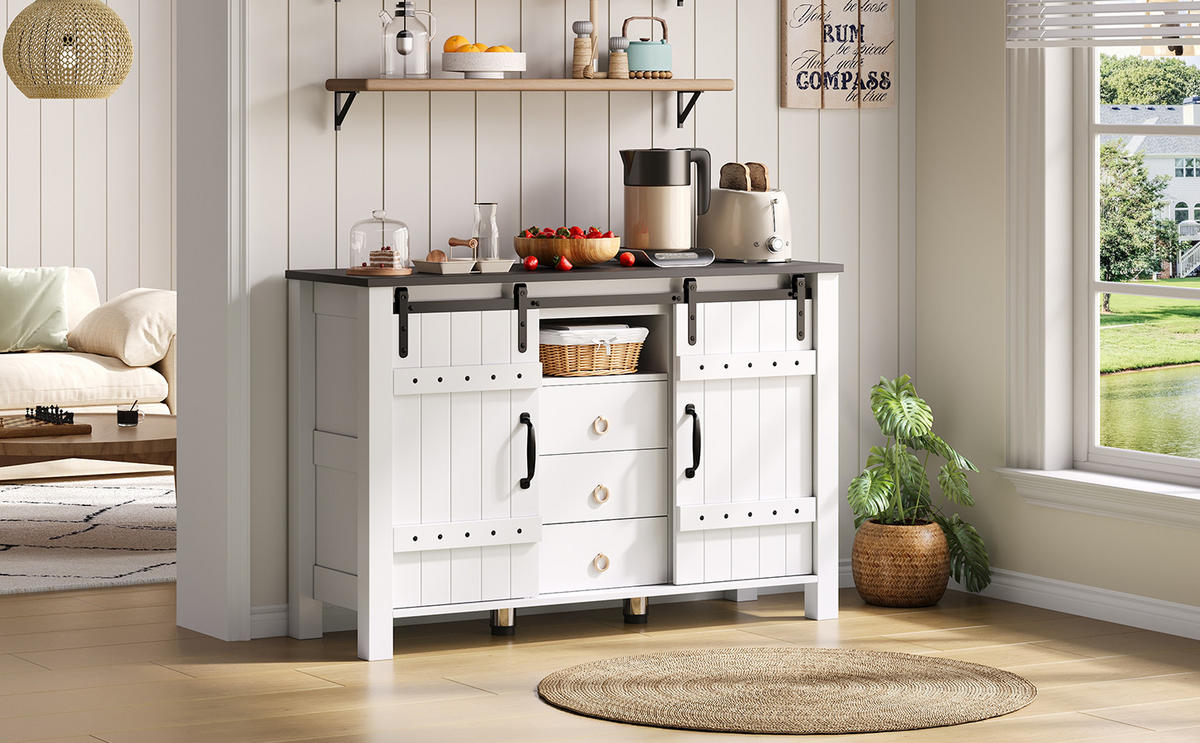 SIDEBOARD im Landhausstil mit 2 Schiebetüren und 3 Schubladen, MDF, 120/40/80 cm, Weiß - Weiß, Holzwerkstoff (120/80/40cm) - Redom