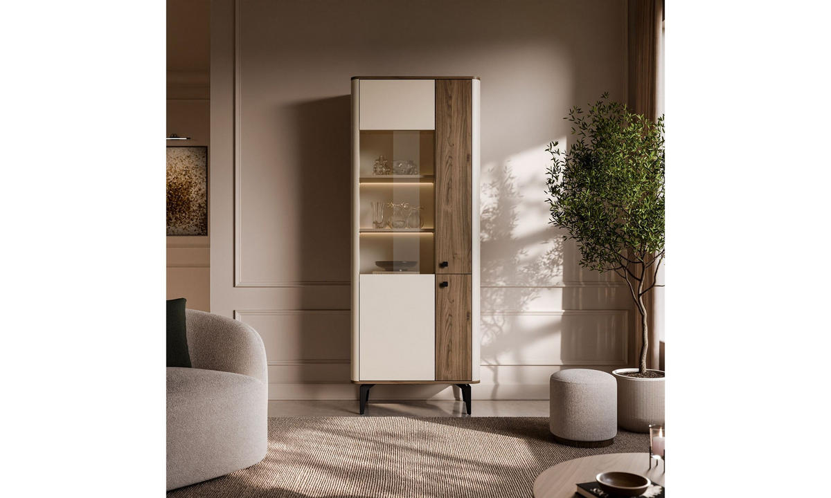 VITRINE MOCHA 73/40/190 cm Glasfront ohne LED Kaschmir/Nussbaum Royal - Kaschmir/Schwarz, Holzwerkstoff/Kunststoff (73/190/40cm) - Lookway