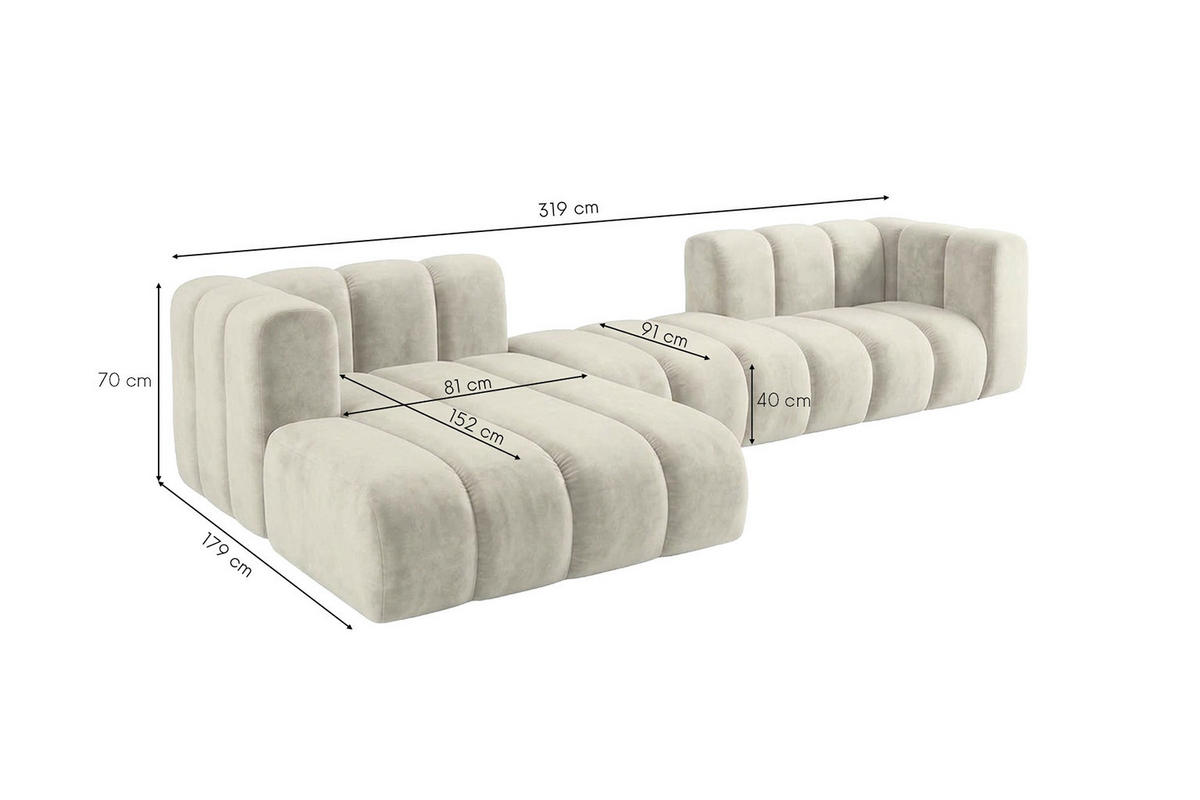 ECKSOFA Modulares In L-Form, Velvet-Stoff Riviera, Ecru, Links, GRAND 319 cm - Creme, Holz (319/175cm) - Kaiser Möbel