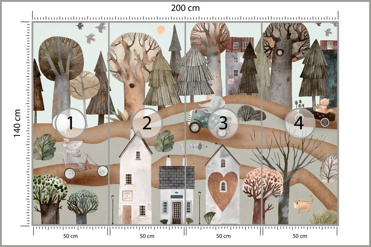 FOTOTAPETE für Kinderzimmer Fantastische Stadt Häuser Wald Tiere Autos 200x140 - Beige/Braun, Papier (200/140cm) - Muralo
