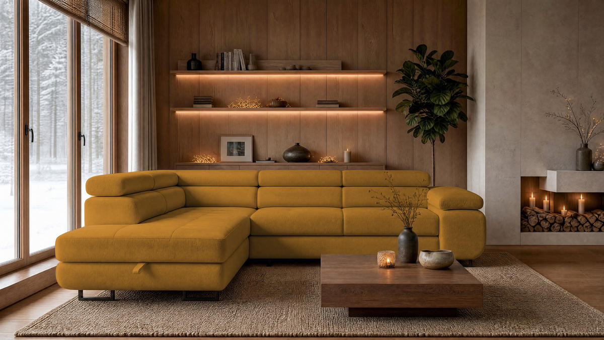 ECKSOFA Velmo mit Bettkasten und Schlaffunktion, verstellbaren Kopfstützen, in L-Form - Goldfarben, Textil (275/203cm)