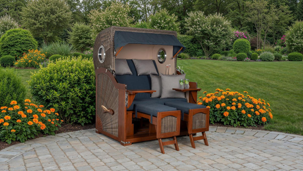 STRANDKORB Komplettset: Ammersee Mahagoni Bullauge - PE grau - Modell 593 - Grau, Holz/Kunststoff (125/165/80cm) - bene living