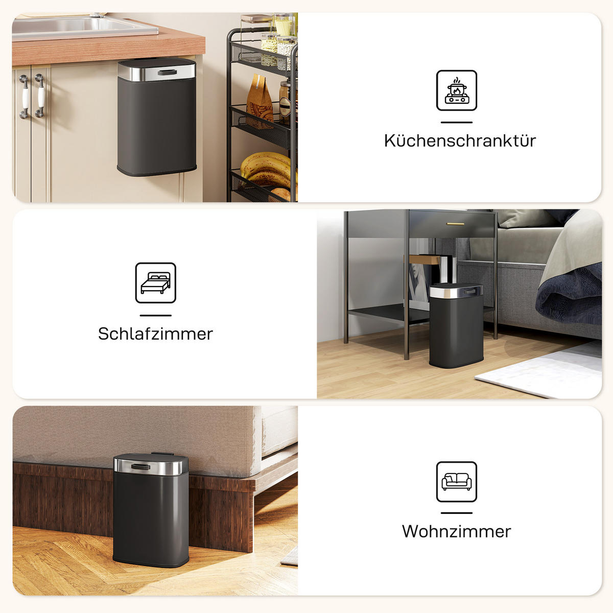 MÜLLEIMER Edelstahl Küchenmülleimer mit Druck-Öffnen offen bleibendem Deckel - Schwarz, Metall (19.5/30/21.5cm) - HOMCOM