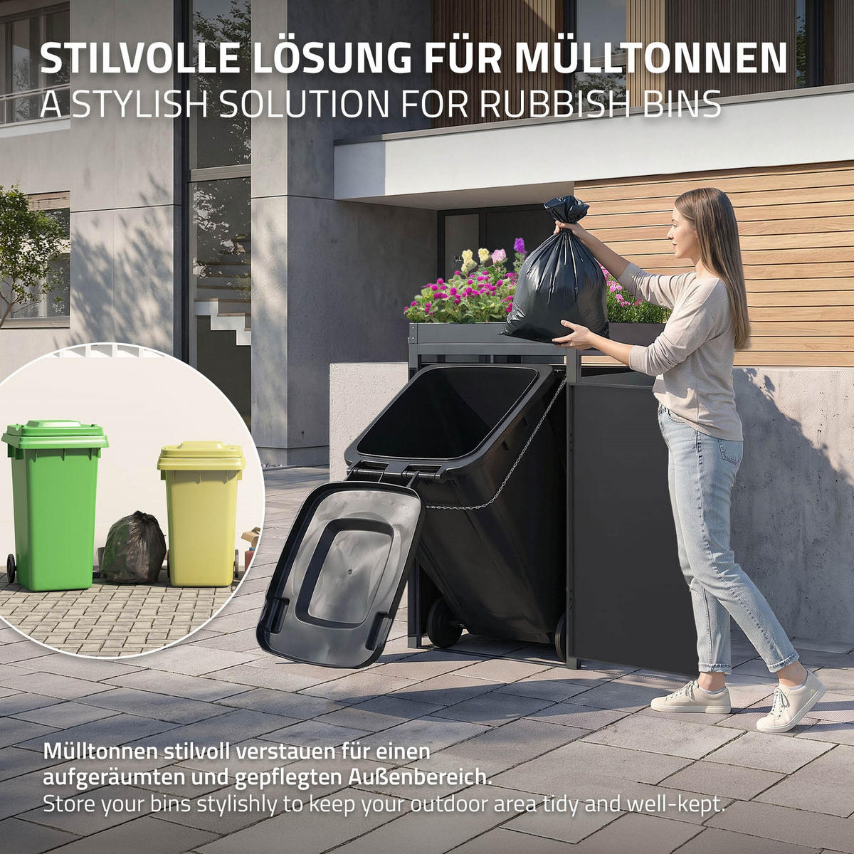 MÜLLTONNENBOX 1er mit Pflanzdach Anthrazit-Eichenoptik - Braun, Metall (68/124/80cm) - ML-DESIGN