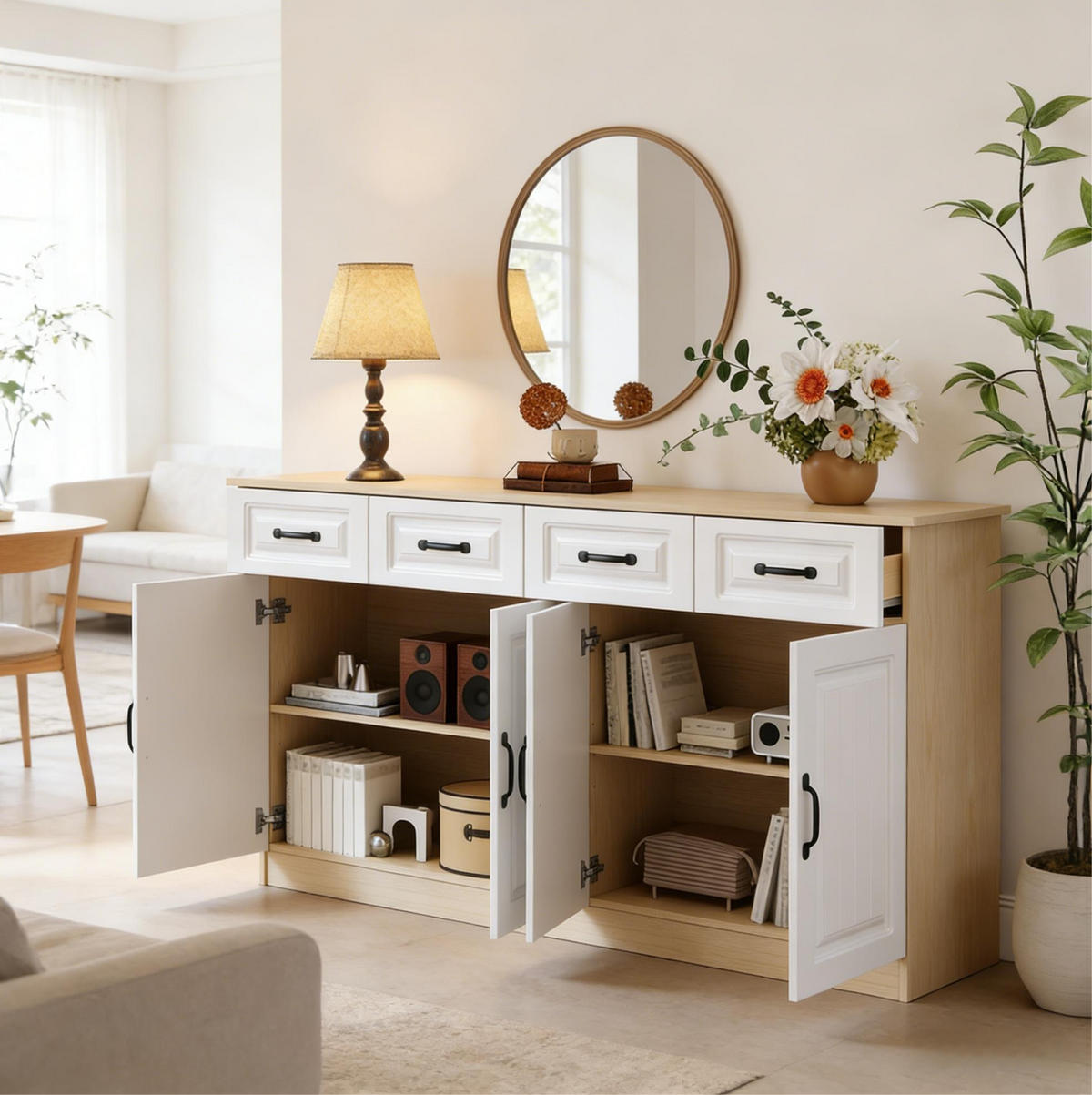 SIDEBOARD 160/35/80 cm weiß/natur aus MDF mit viel Stauraum - Weiß, Holzwerkstoff (160/80/35cm) - OKWISH