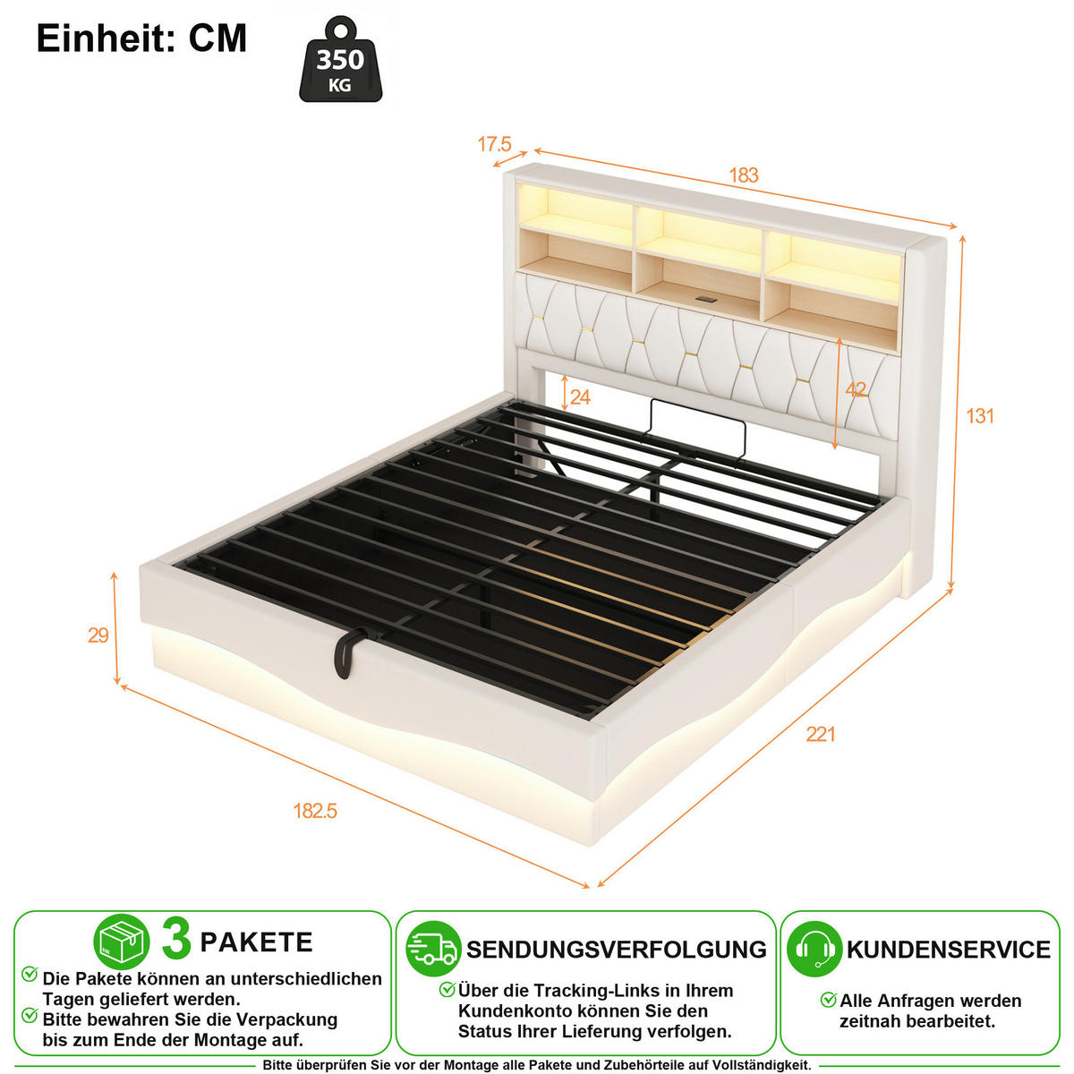 POLSTERBETT 180/200 cm in Beige Leinen mit Bettkasten, LED und USB - Beige, Holzwerkstoff/Textil (180/200cm) - CHICFURN