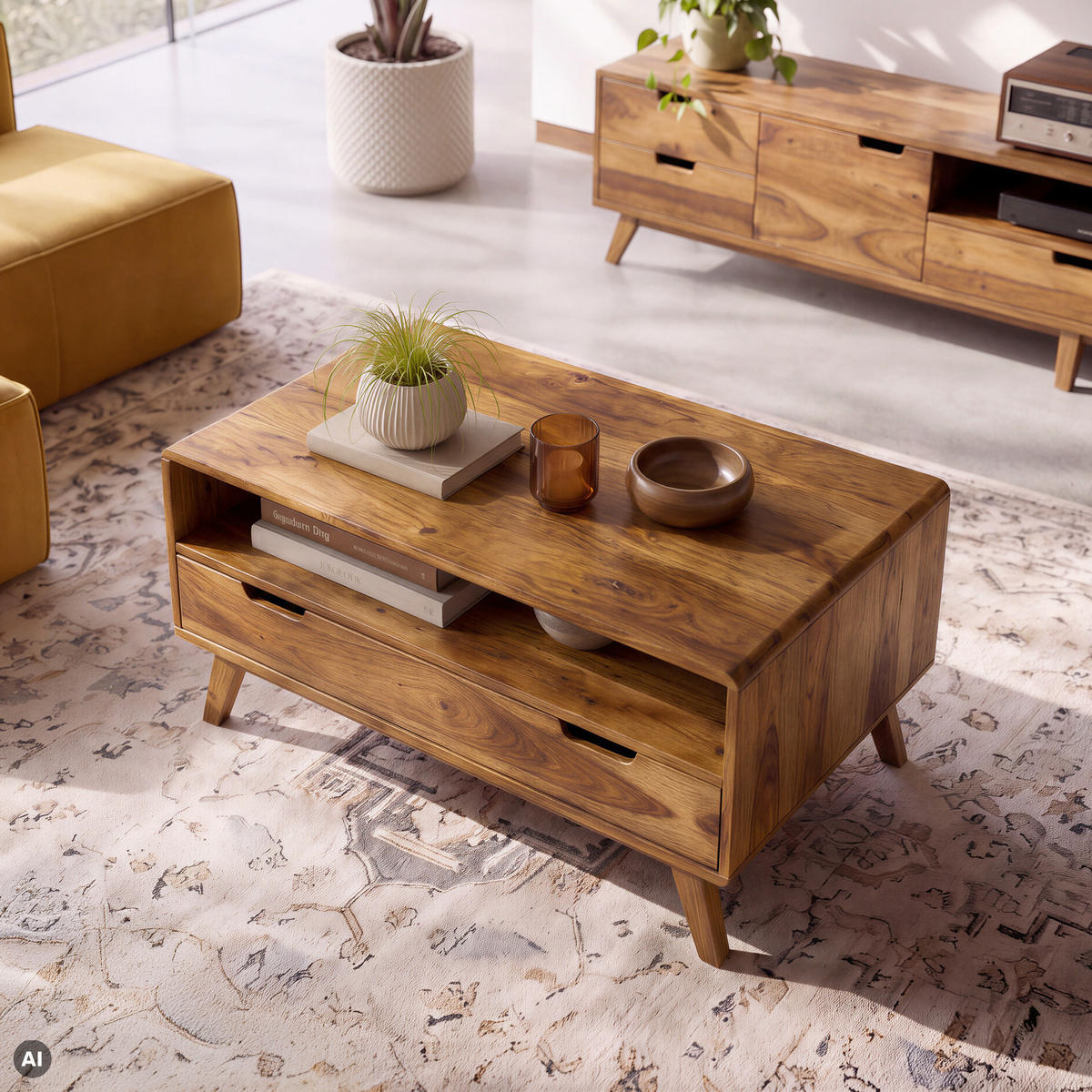 COUCHTISCH Sheesham 100x70x48 natur sandgestrahlt lackiert MALMÖ 2 #228 - Naturfarben, Holz (100/70/48cm) - Massivmoebel24