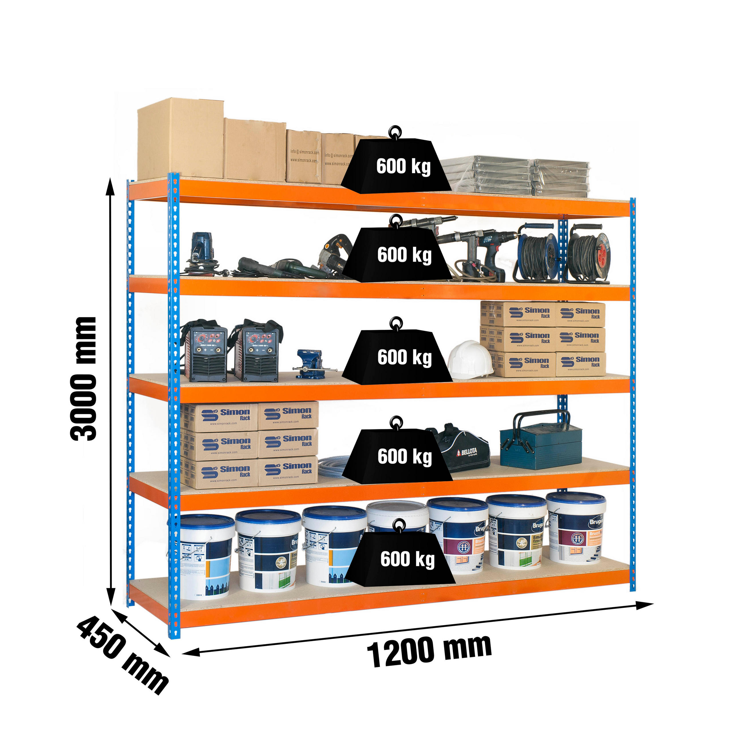 SCHWERLASTREGAL Wood Beast Five HxBxT 300 x 120 x 45 cm 5 Ebenen Fachlast 600 kg Blau-Orange - Gelb, Metall (120/300/45cm) - PROREGAL