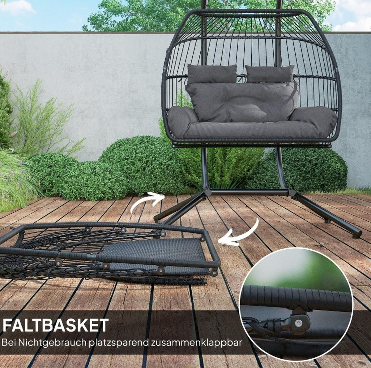 HÄNGESESSEL aus Rattan 170x100x185 cm in Dunkelgrau mit klappbarem Korb - Dunkelgrau, Naturmaterialen (100/185/170cm) - Modfu