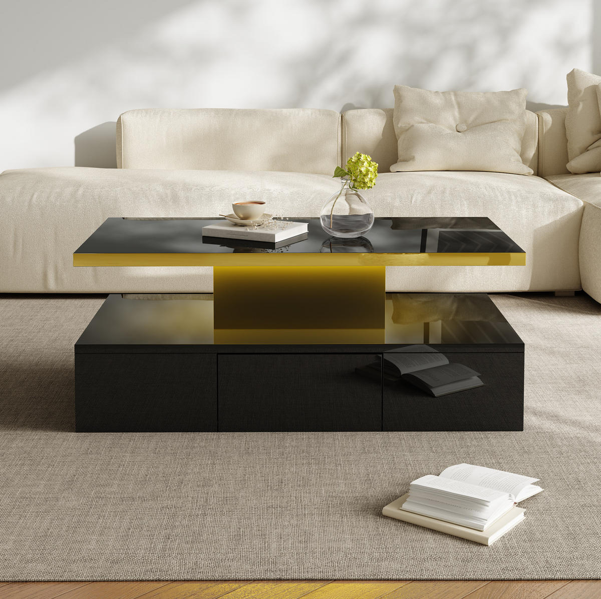 COUCHTISCH, Hochglanz Schwarz mit 2 Ebenen und integrierter Schublade, platzsparendes Design, 100/50/39 cm，Schwarz - Schwarz, Holzwerkstoff (100/50/39cm) - Redom