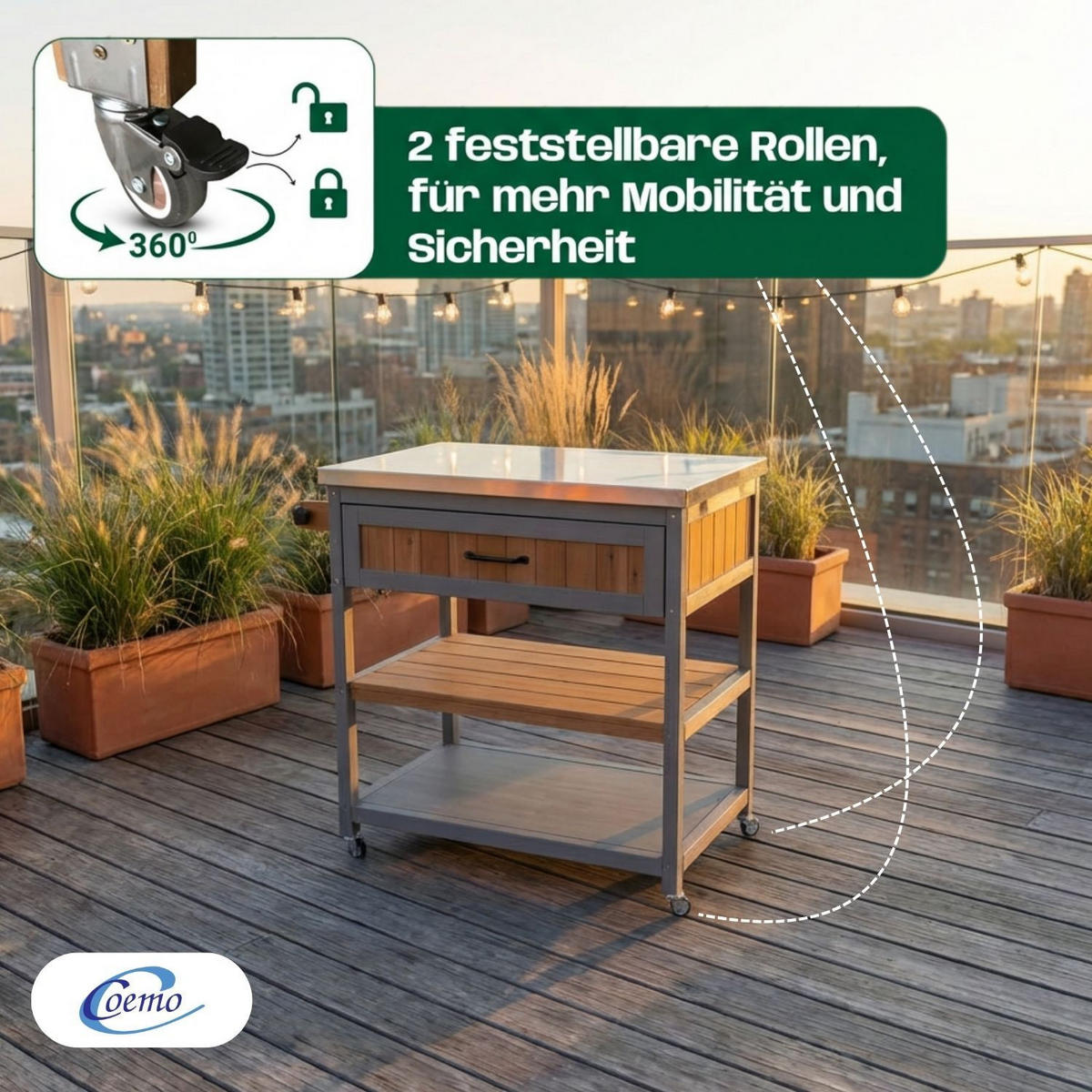 SERVIERWAGEN JAMES mit Rollen Outdoor 82/53/92 cm Farbe Grau - Grau, Holz (53/92/82cm) - Coemo