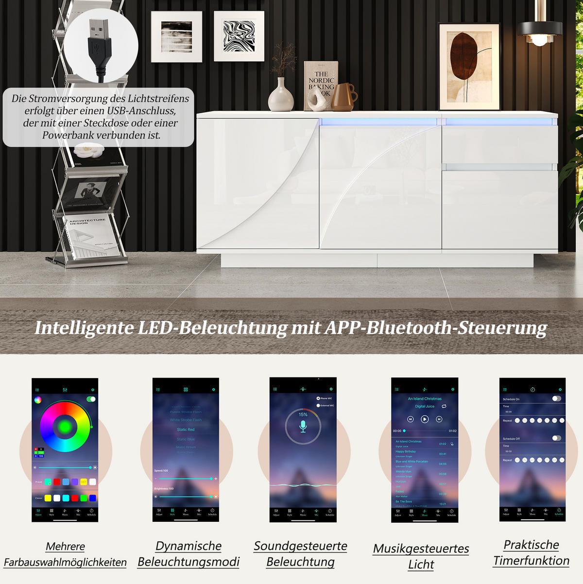 SIDEBOARD 140/40/60 cm weiß aus MDF mit LED-App-Steuerung und verstellbaren Einlegeböden - Weiß, Holzwerkstoff (140/60/40cm) - OKWISH