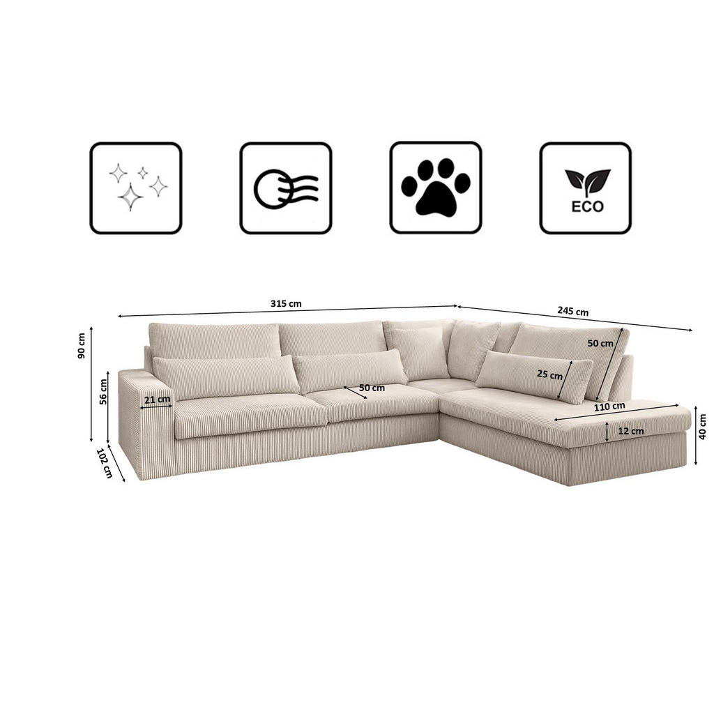Thumbnail - Kaiser Möbel Ecksofa, Creme, Textil, L-Form, 315x245 cm, Wohnzimmer, Sofas & Couches, Wohnlandschaften, Ecksofas