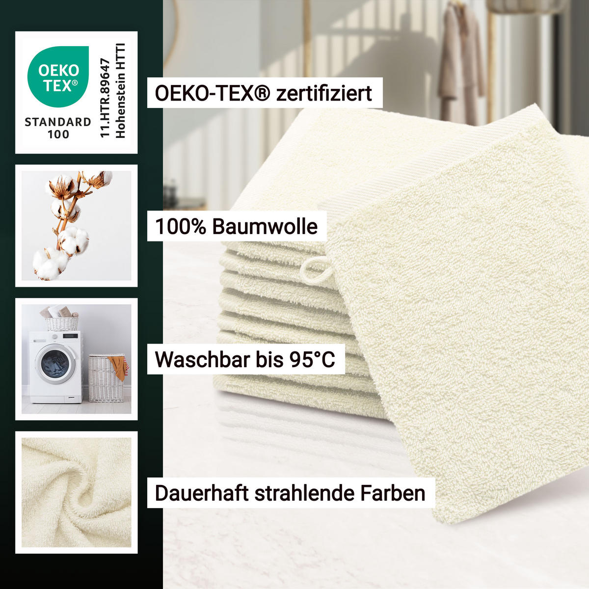 WASCHHANDSCHUH, 10er-Set, 16x21 cm, 100% Baumwolle, Braun - Creme, Textil (16/21cm) - Zollner