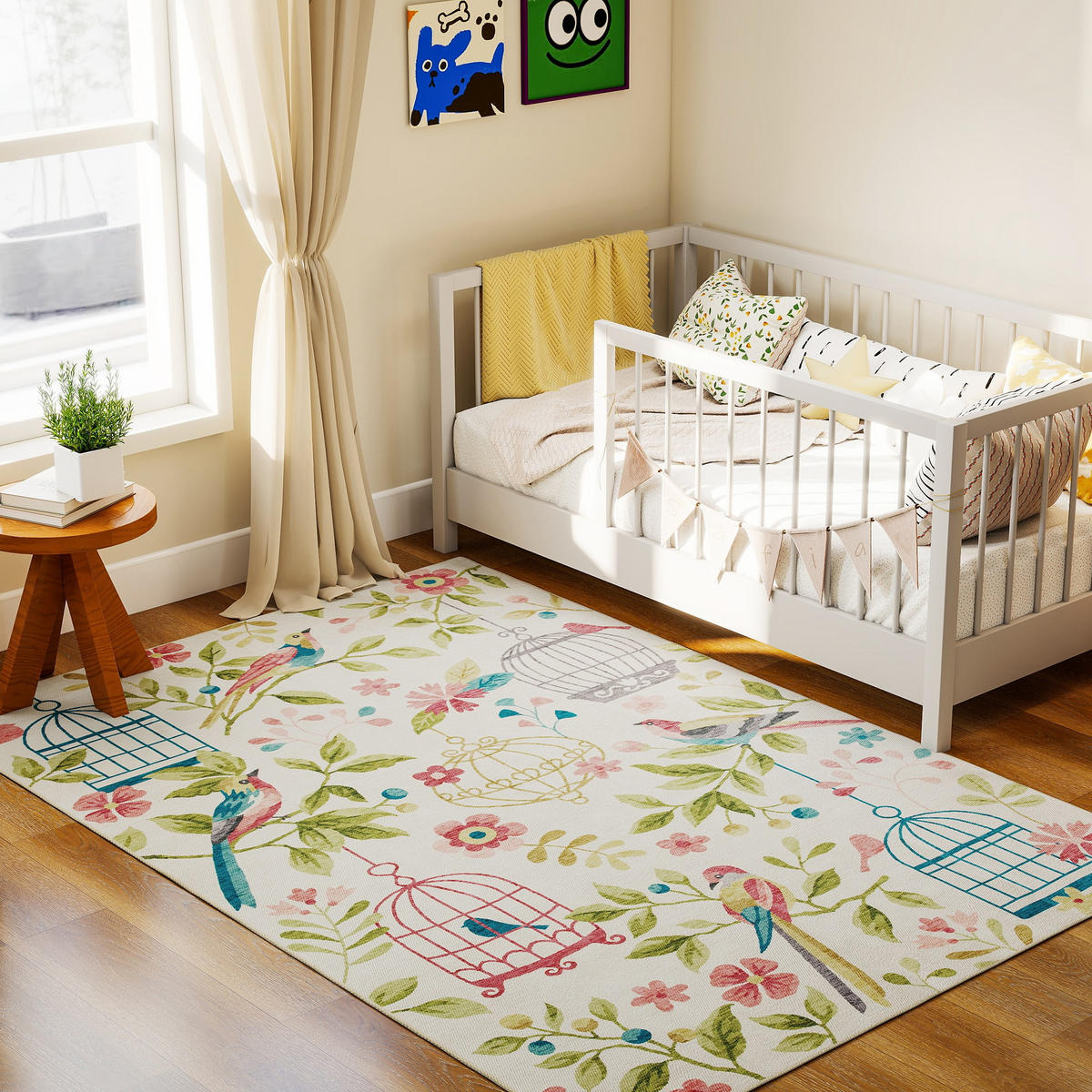 TEPPICH maschinenwaschbarer Wohnzimmerteppich, 200 x 140 cm, Cremeweiß+Rosa - Multicolor, Kunststoff/Textil (140/200cm) - HOMCOM