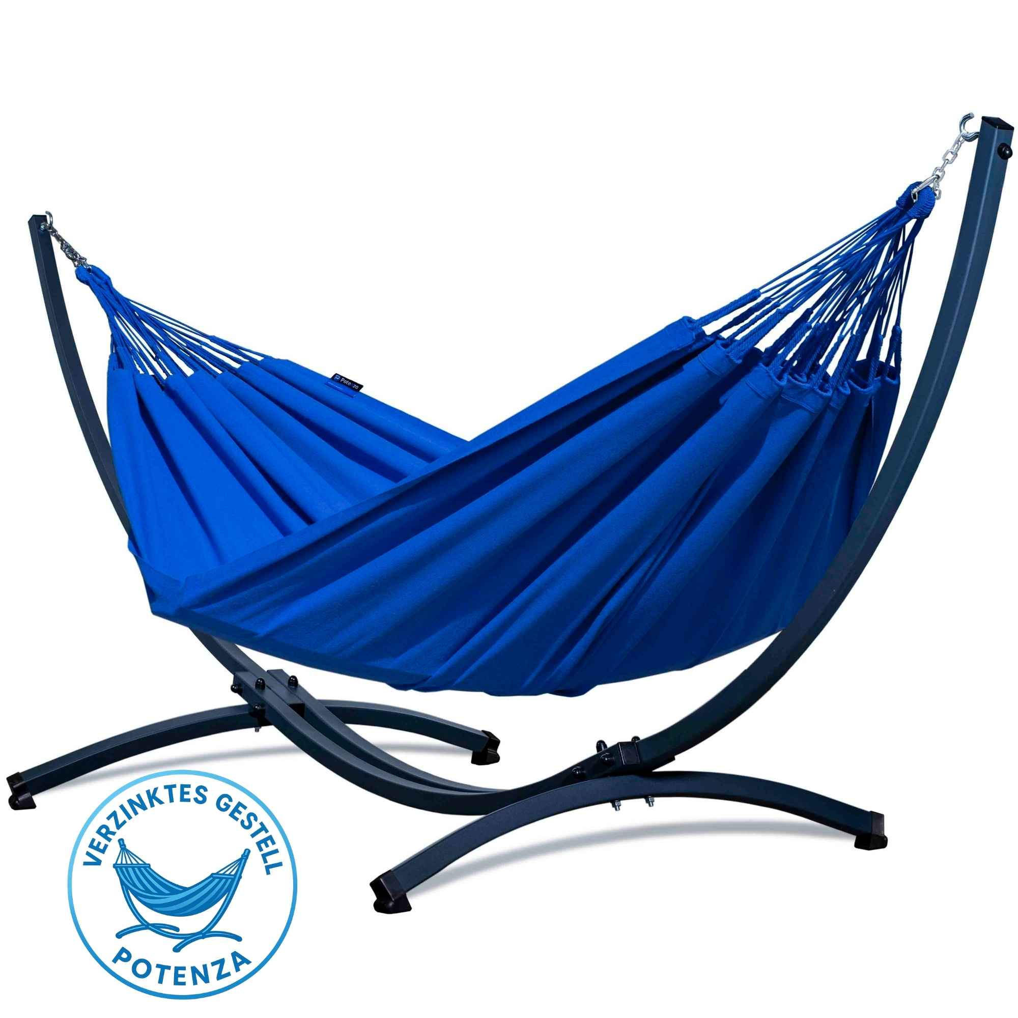 HÄNGEMATTE mit Verzinktem Gestell, 2 Personen, XXL, 200 kg, Metall, Merida Blau, einfache Montage - Blau, Metall (370/130/120cm) - Potenza