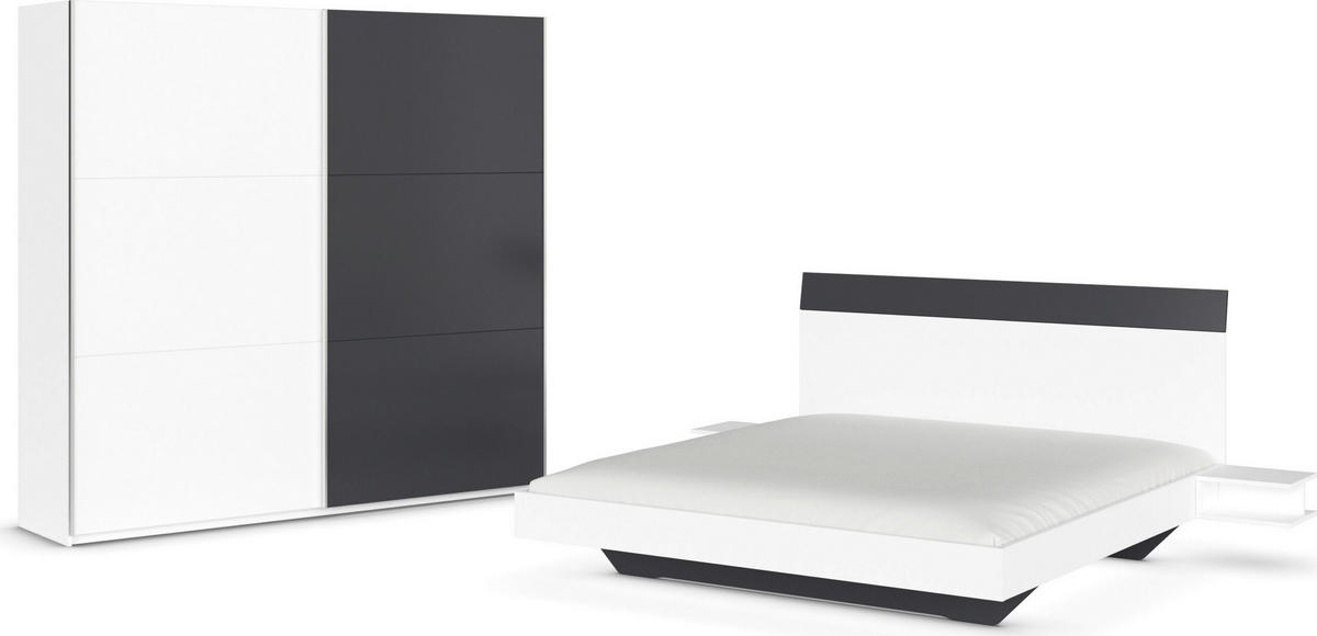 SCHLAFZIMMER Monza in Weiß und Grau Metallic mit Bettanlage 180x200cm, 2 Nachttischen und Schwebetürenkleiderschrank 4türig ohne Spiegel - Weiß, Holzwerkstoff (80/200/120cm)