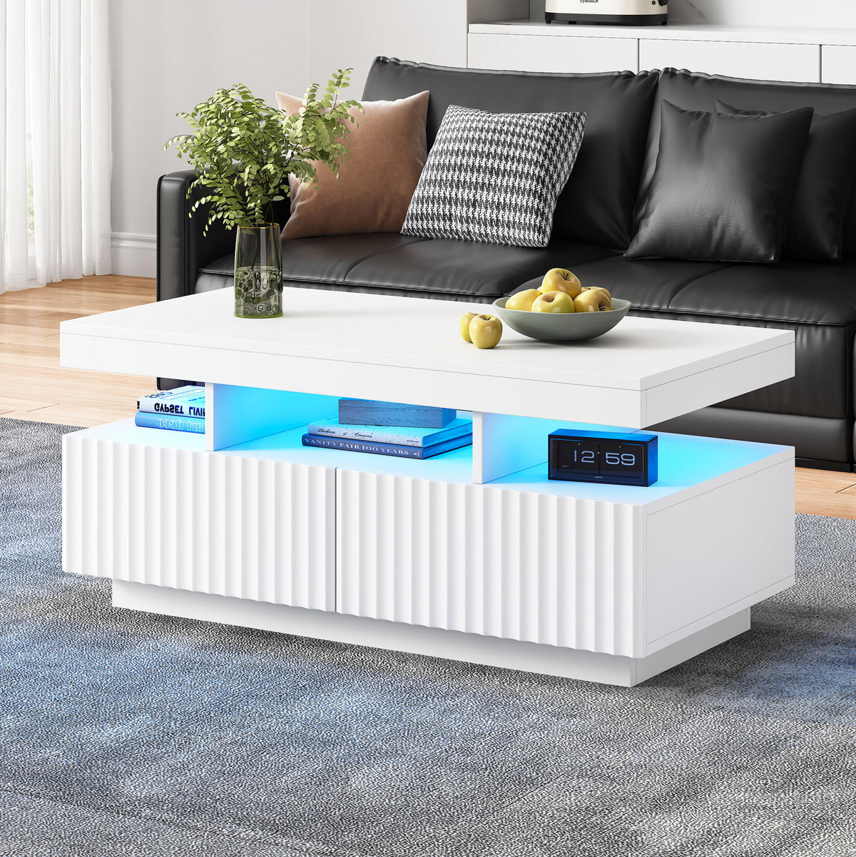 COUCHTISCH 100/50/45 cm mit 2 Schubladen, LED-Beleuchtung und offenem Fach aus Spanplatte, Weiß - Weiß, Holzwerkstoff (100/50/45cm) - Redom