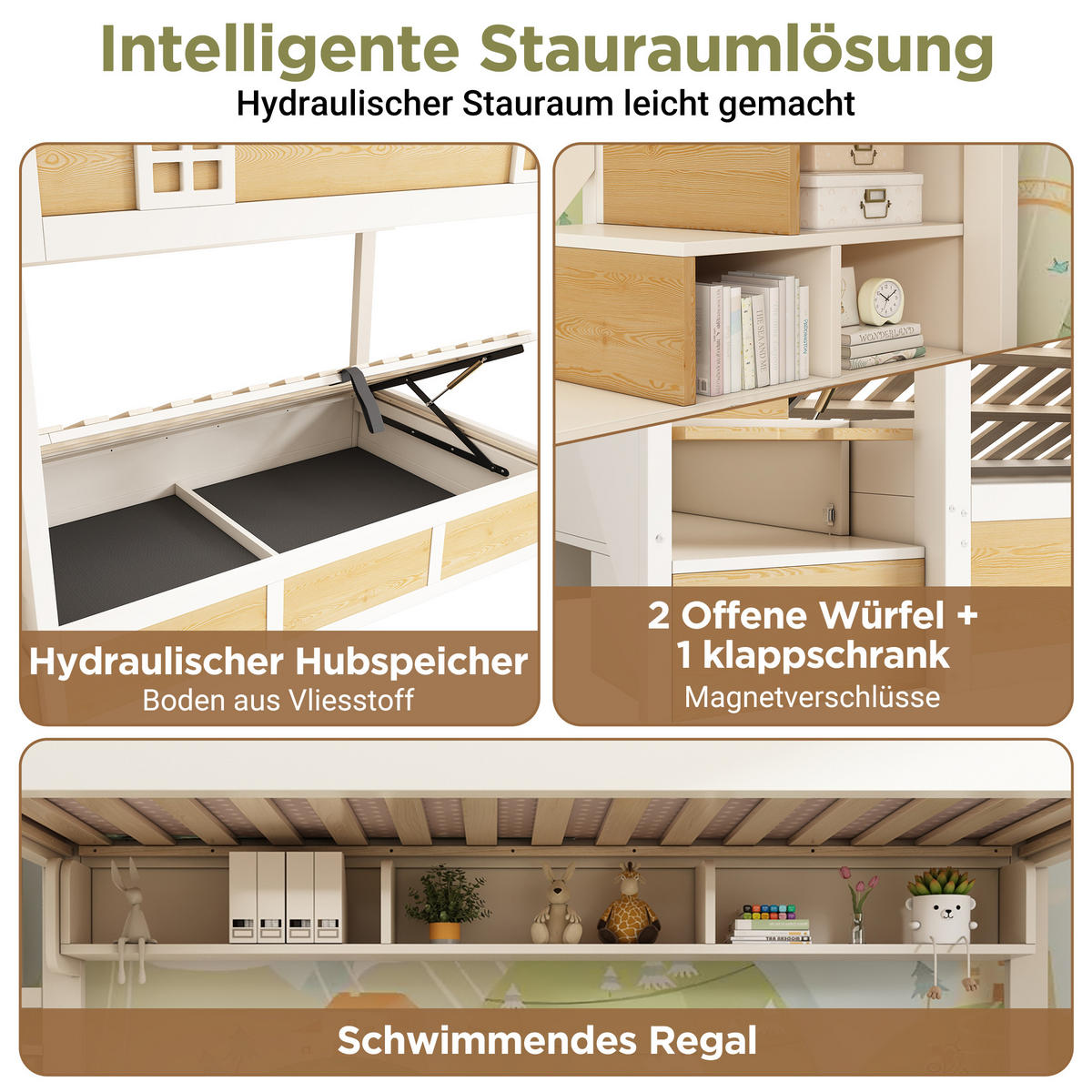 ETAGENBETT 90/200 cm & 90/200 cm in Weiß & Natur mit Stauraum und Treppenschrank - Weiß/Naturfarben, Holz/Holzwerkstoff (90/200cm) - WISHDOR