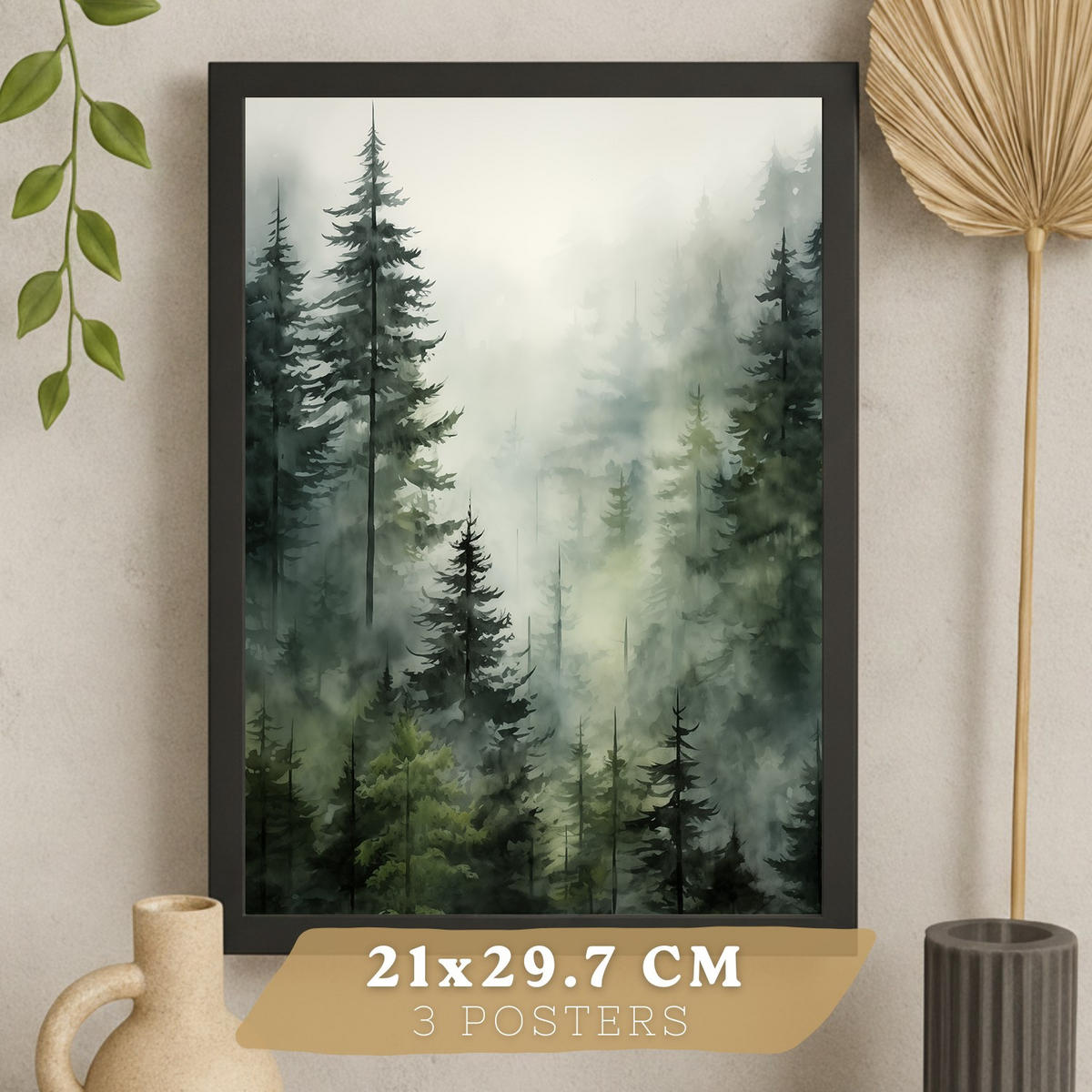 PLAKAT Sada tří dekorativních tisků Nordic Landscape Moderní obývací Obrázky - zelené a hnědé dekorativní plakáty Dekorace Obývací A3 černý rám - černá, papír (29.7/42/3cm) - Nacnic